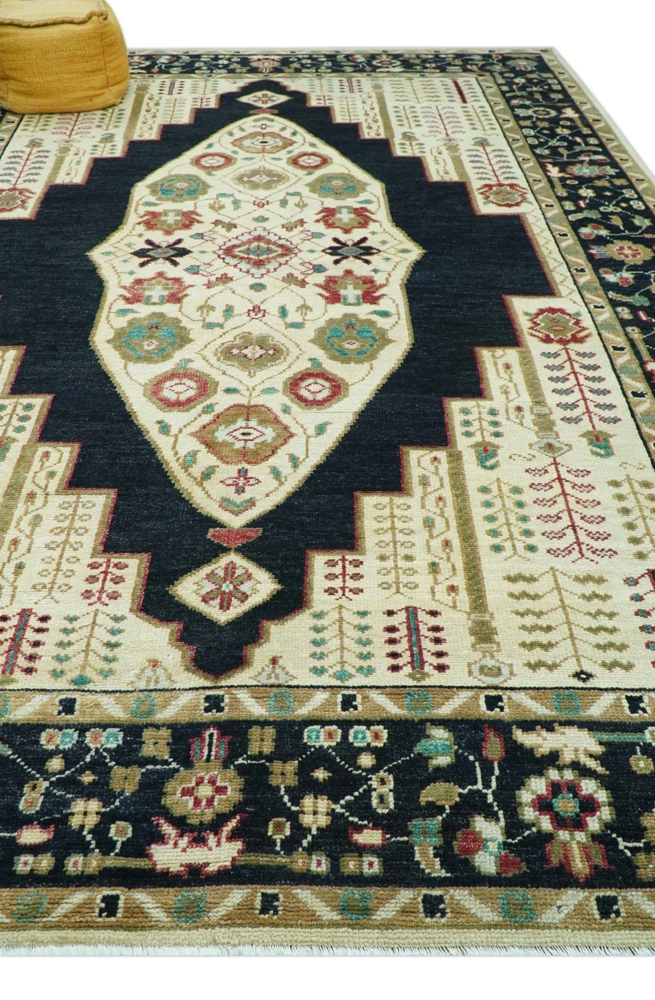 Custom Made Black And Ivory Traditional Serapi Design Hand Knotted Wool Rug - Image 10