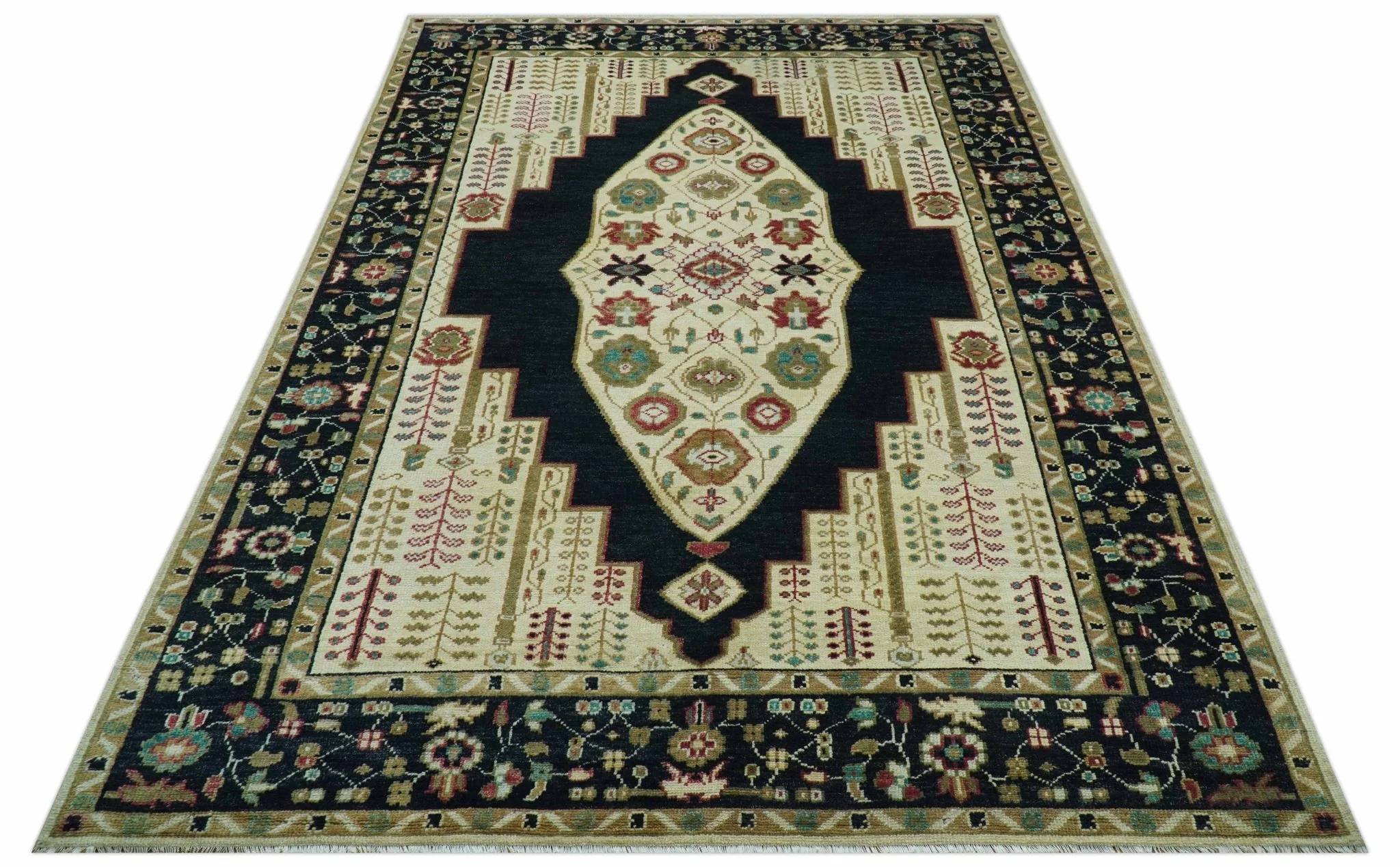 Custom Made Black And Ivory Traditional Serapi Design Hand Knotted Wool Rug - Image 11