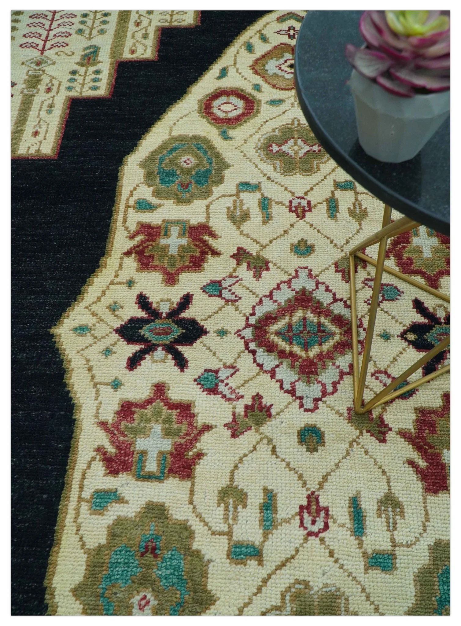 Custom Made Black And Ivory Traditional Serapi Design Hand Knotted Wool Rug - Image 3