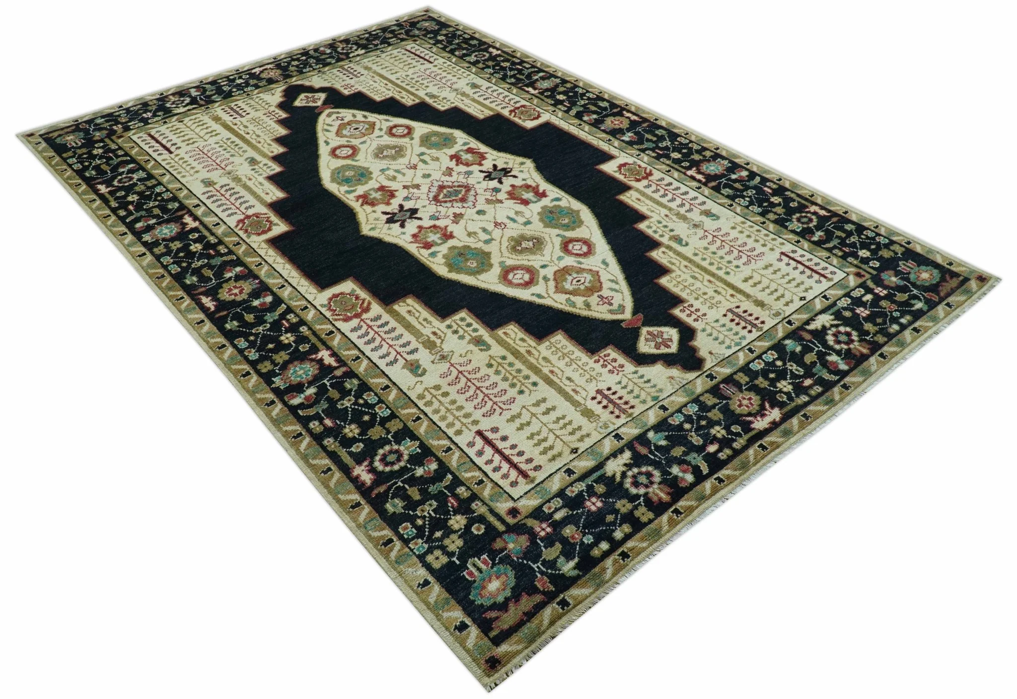 Custom Made Black And Ivory Traditional Serapi Design Hand Knotted Wool Rug - Image 4