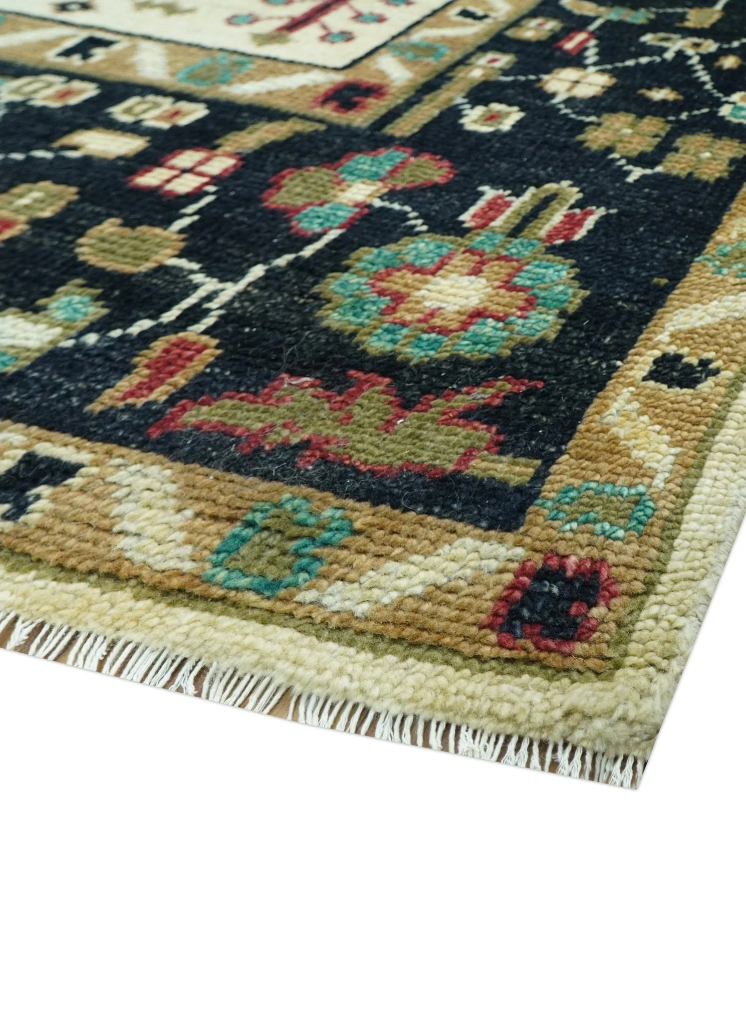 Custom Made Black And Ivory Traditional Serapi Design Hand Knotted Wool Rug - Image 6