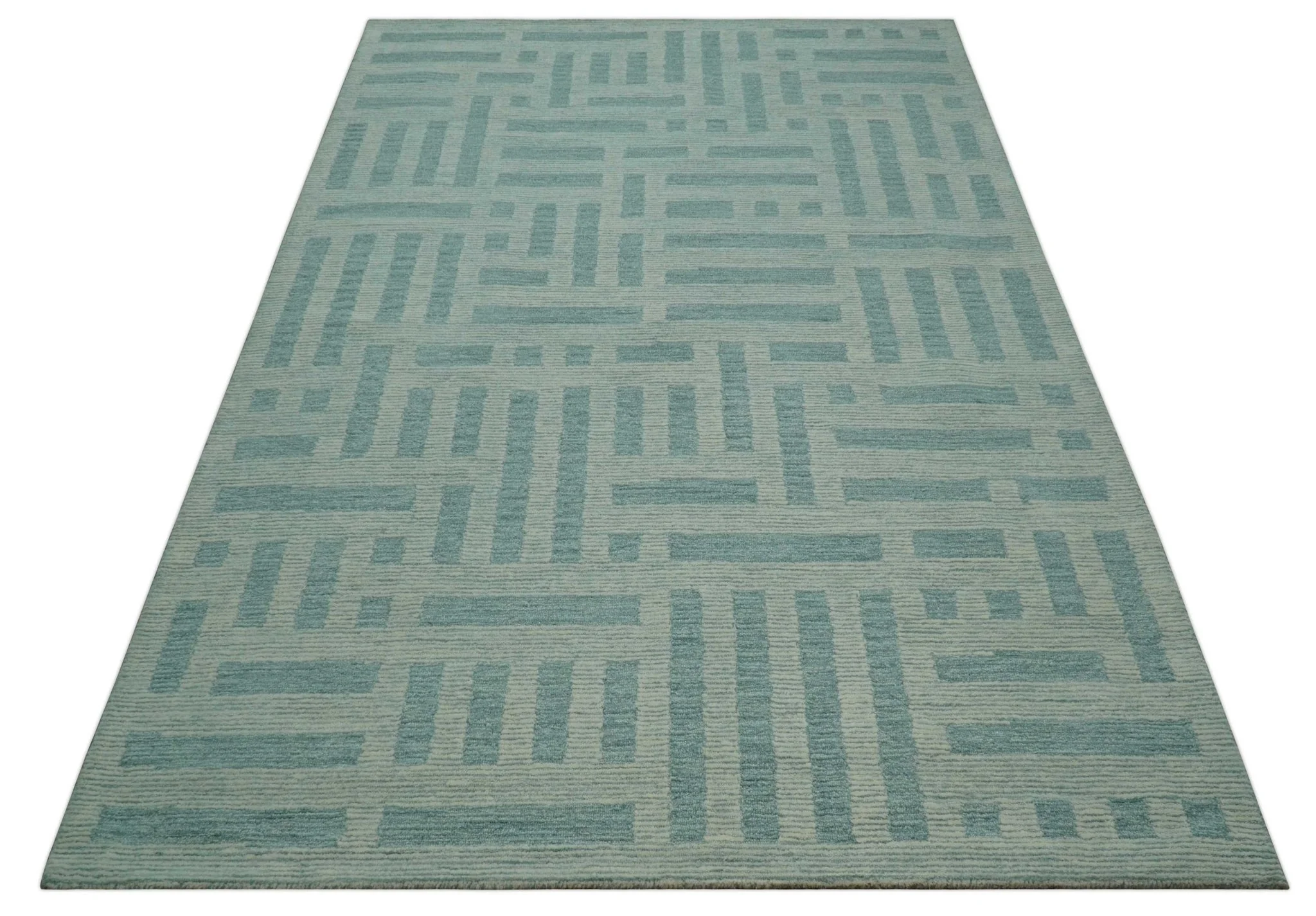 Custom Made Blue And Ivory Modern Abstract Pattern Hand Tufted Wool Area Rug - Image 10