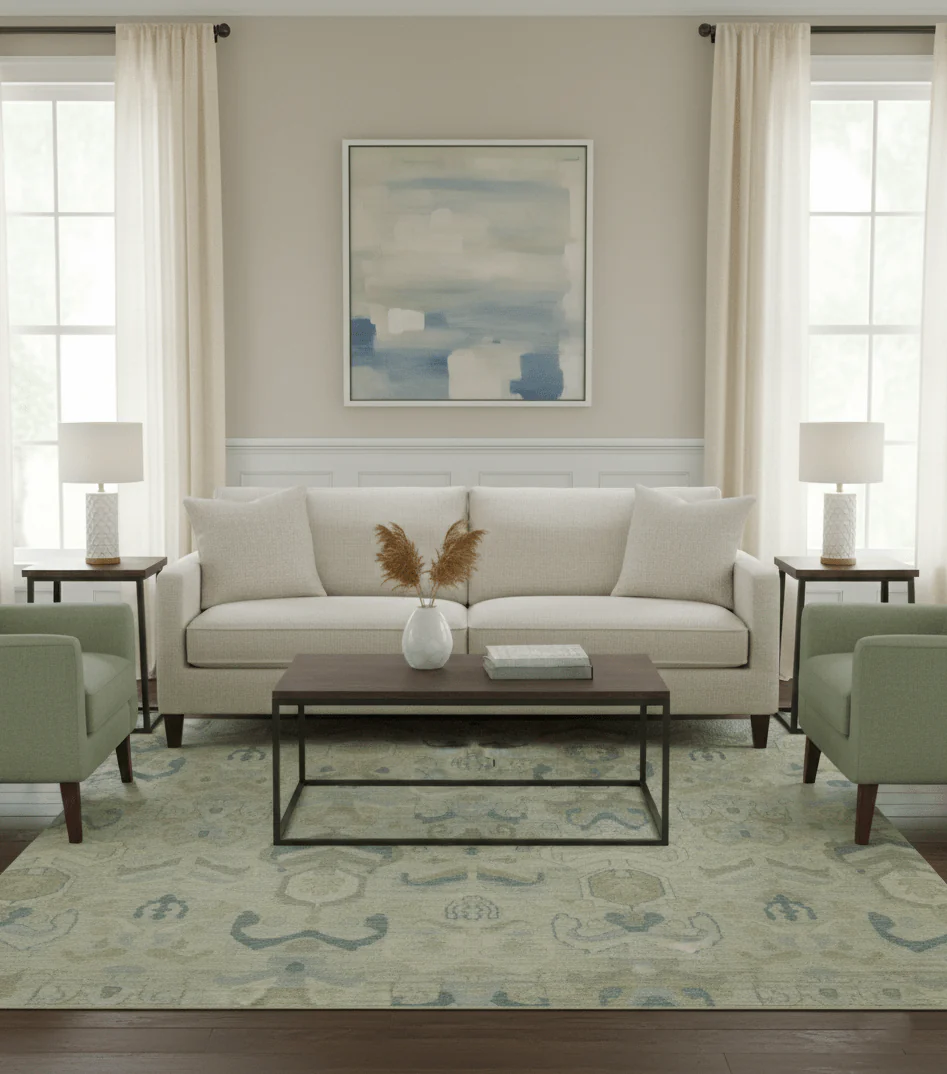 Custom Made Blue And Beige Modern Ikat Design Hand Knotted Wool Area Rug - Image 2