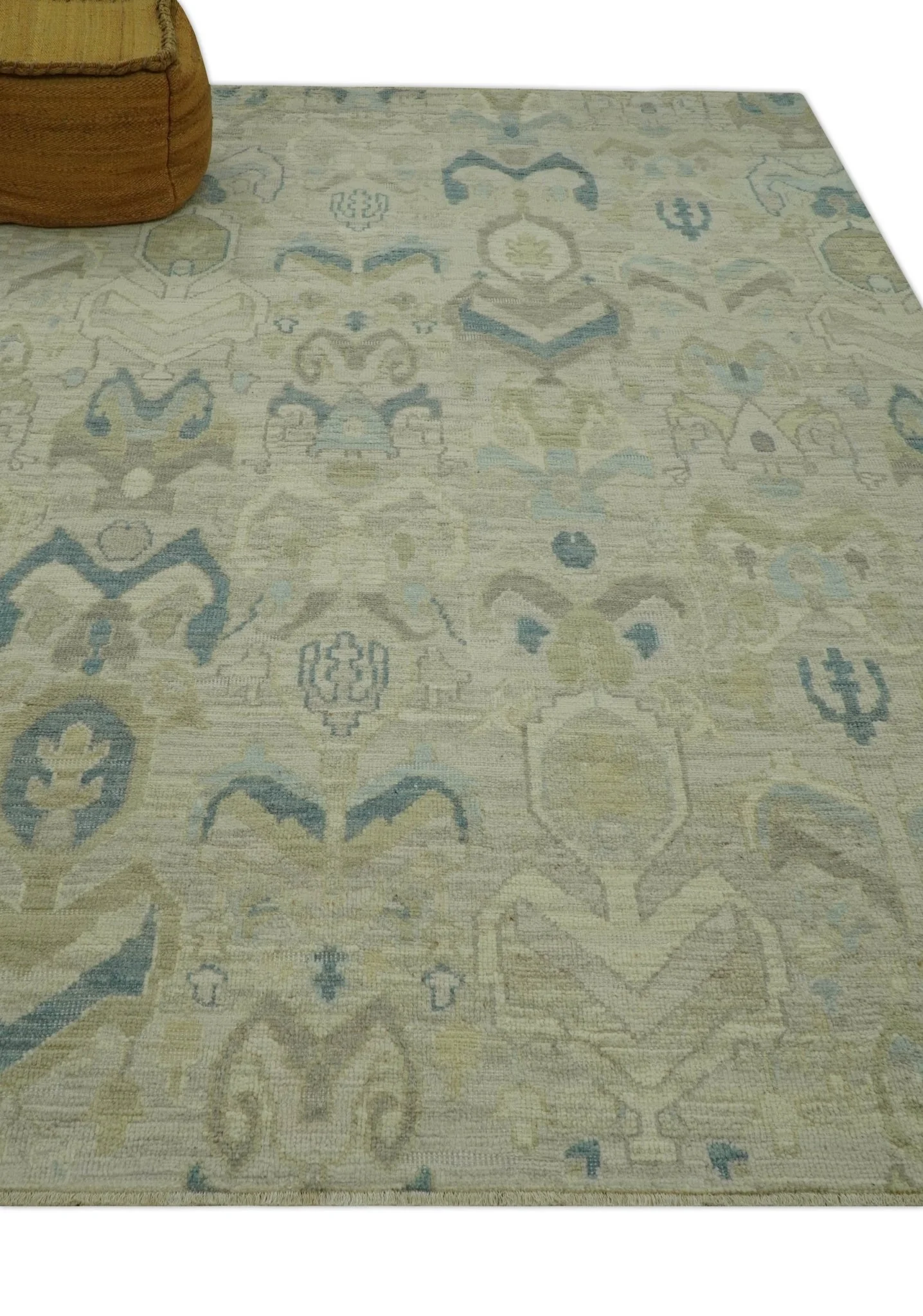 Custom Made Blue And Beige Modern Ikat Design Hand Knotted Wool Area Rug - Image 3