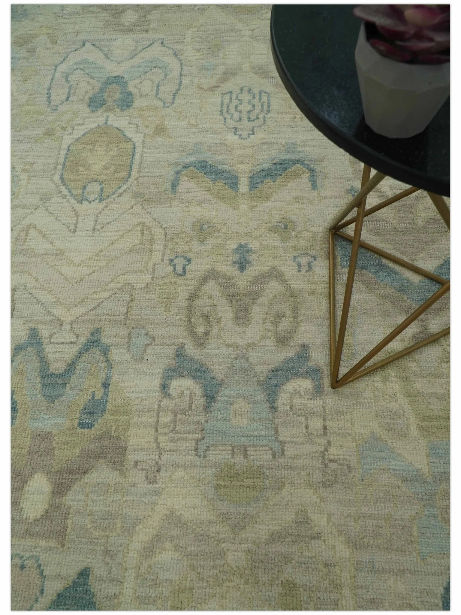 Custom Made Blue And Beige Modern Ikat Design Hand Knotted Wool Area Rug - Image 4