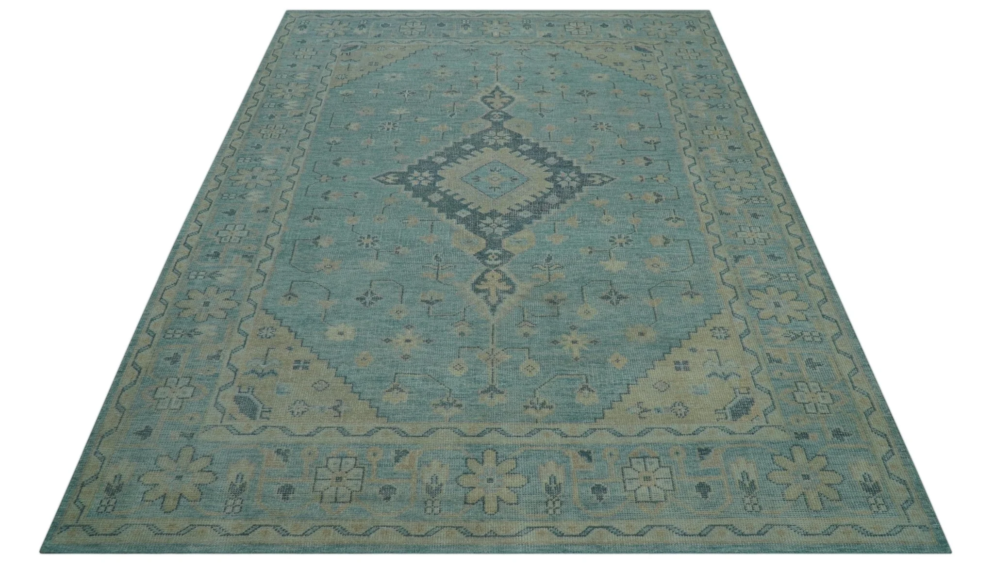 Custom Made Blue And Beige Turkish Design Hand knotted Wool Area Rug - Image 12
