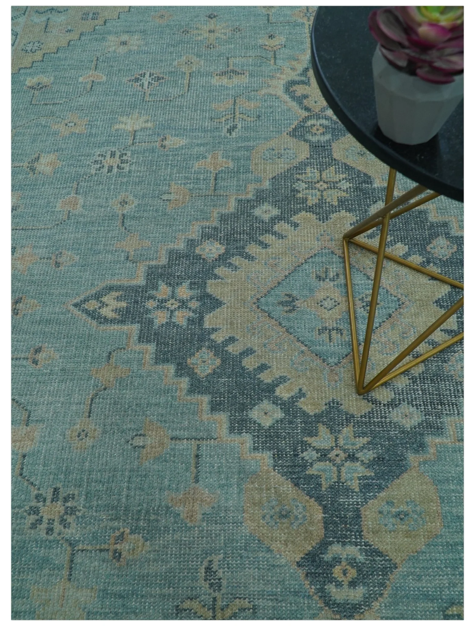 Custom Made Blue And Beige Turkish Design Hand knotted Wool Area Rug - Image 3