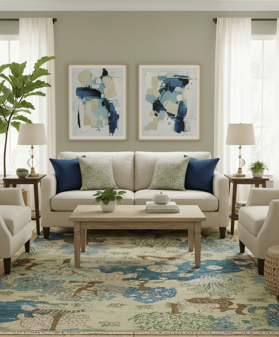 The Jungle Pond Custom Made Blue And Beige Hand Knotted Wool Area Rug - Image 2