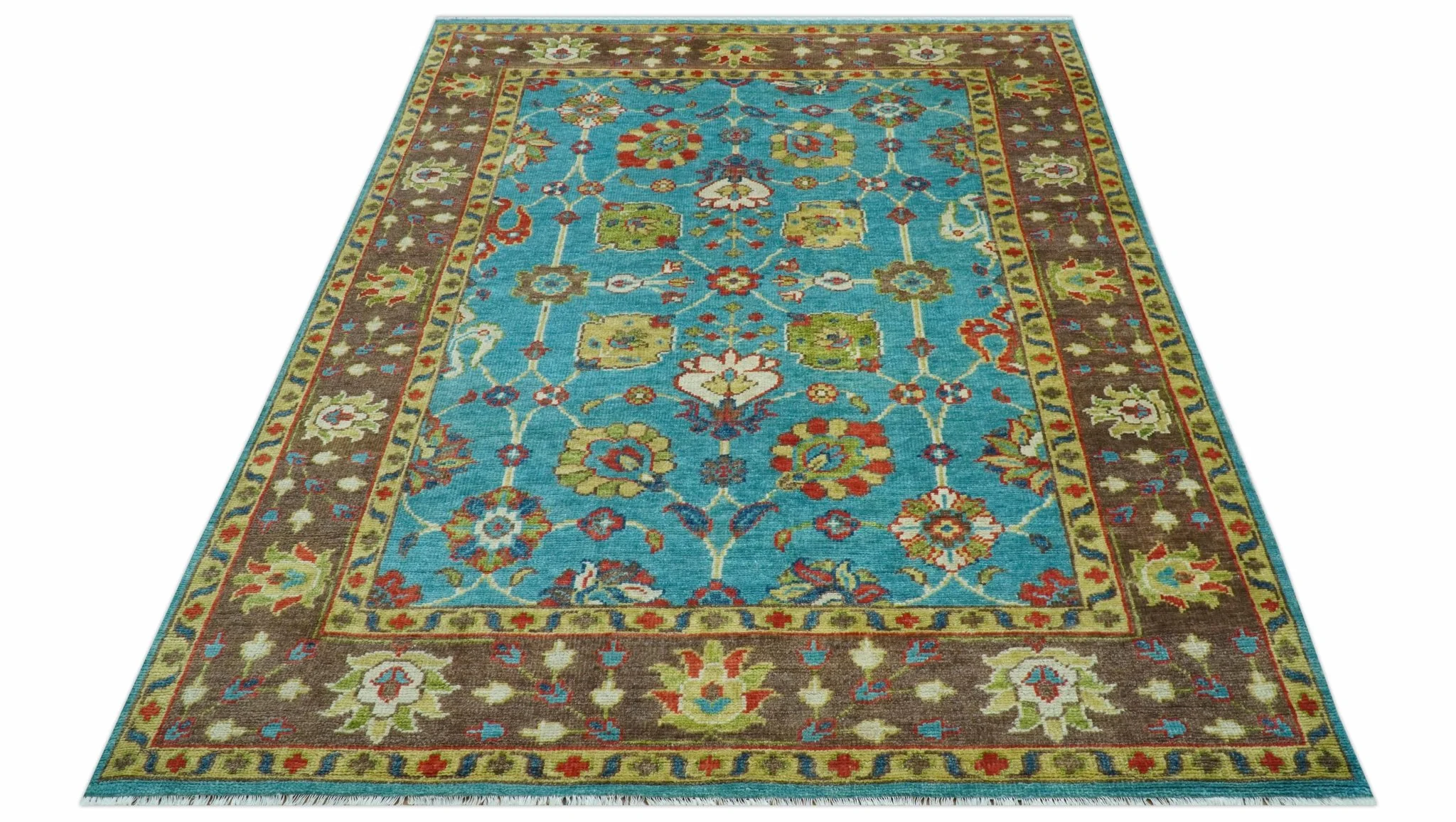 Custom Made Blue And Brown Traditional Floral Hand Knotted Wool Rug - Image 10