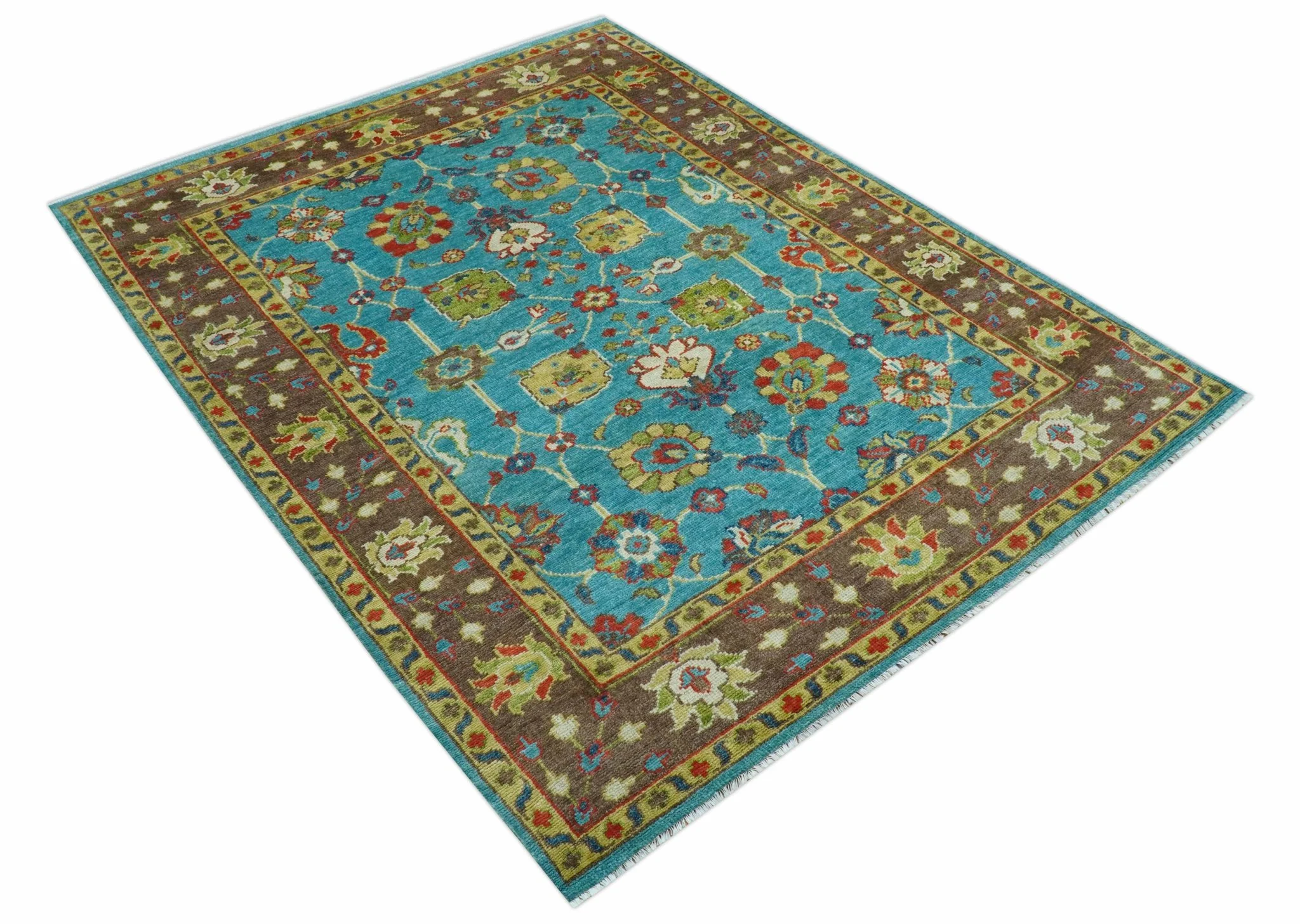 Custom Made Blue And Brown Traditional Floral Hand Knotted Wool Rug - Image 11