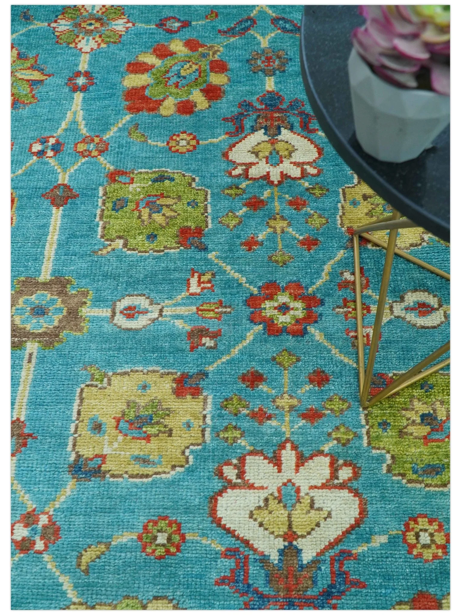 Custom Made Blue And Brown Traditional Floral Hand Knotted Wool Rug - Image 3