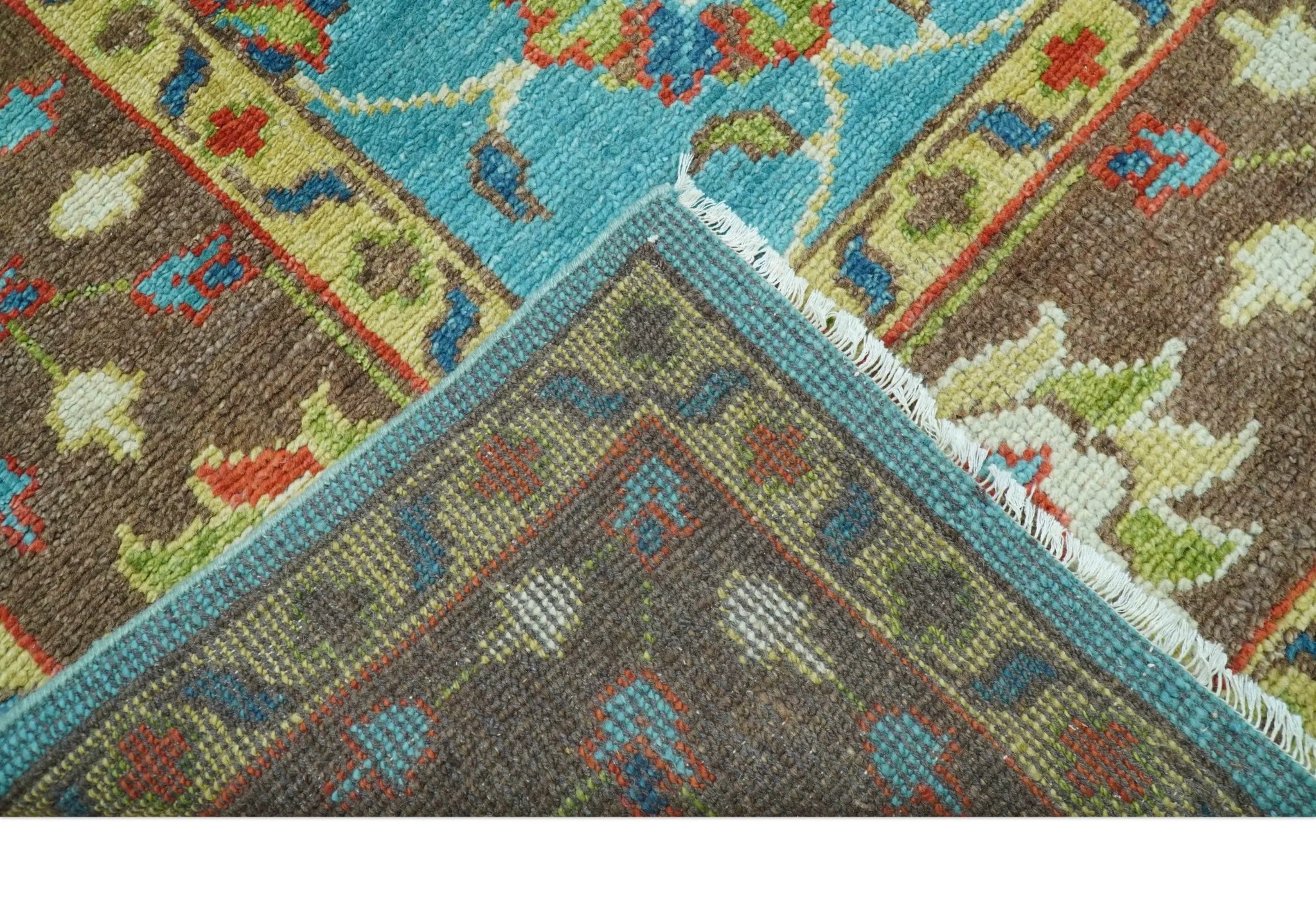 Custom Made Blue And Brown Traditional Floral Hand Knotted Wool Rug - Image 4