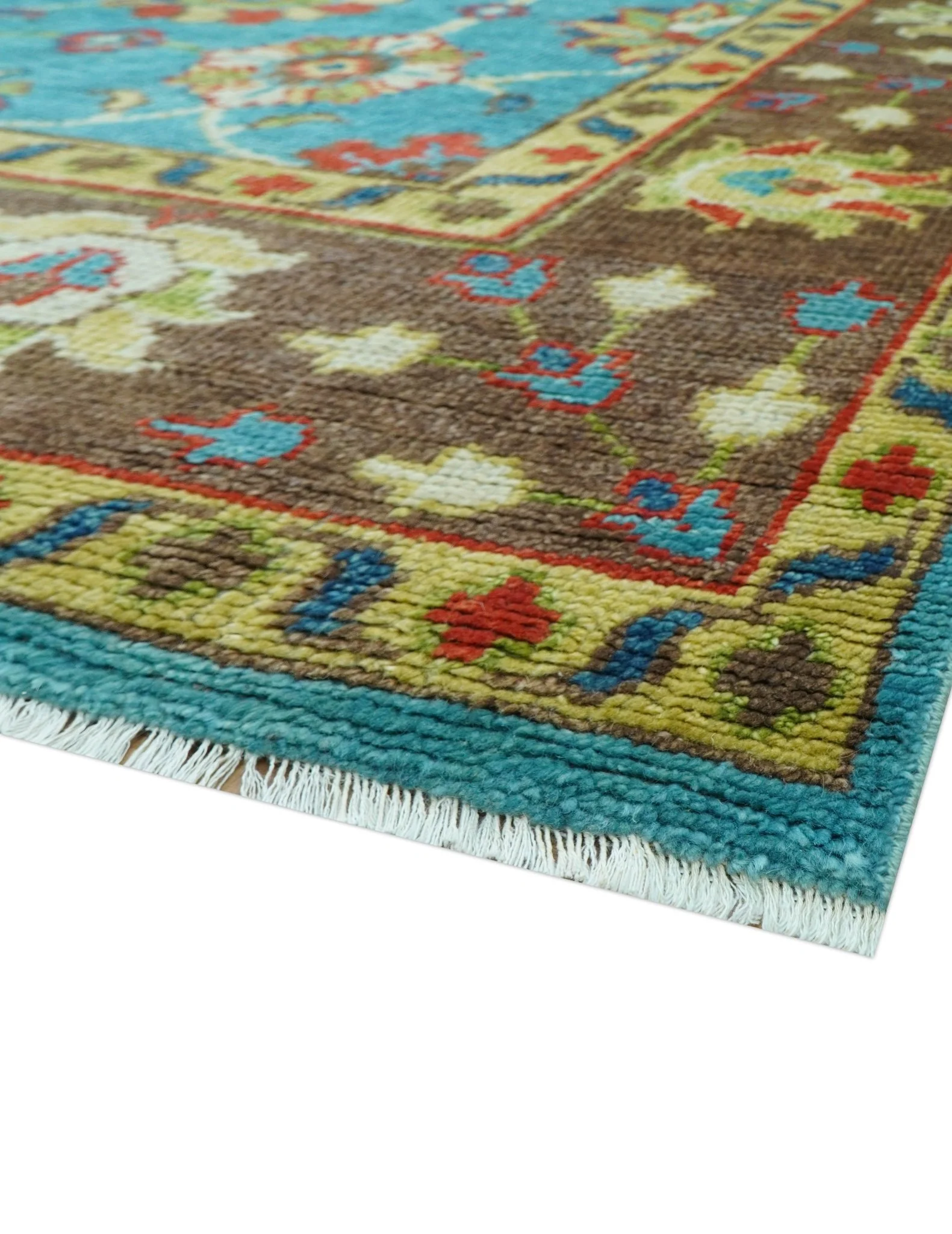 Custom Made Blue And Brown Traditional Floral Hand Knotted Wool Rug - Image 5