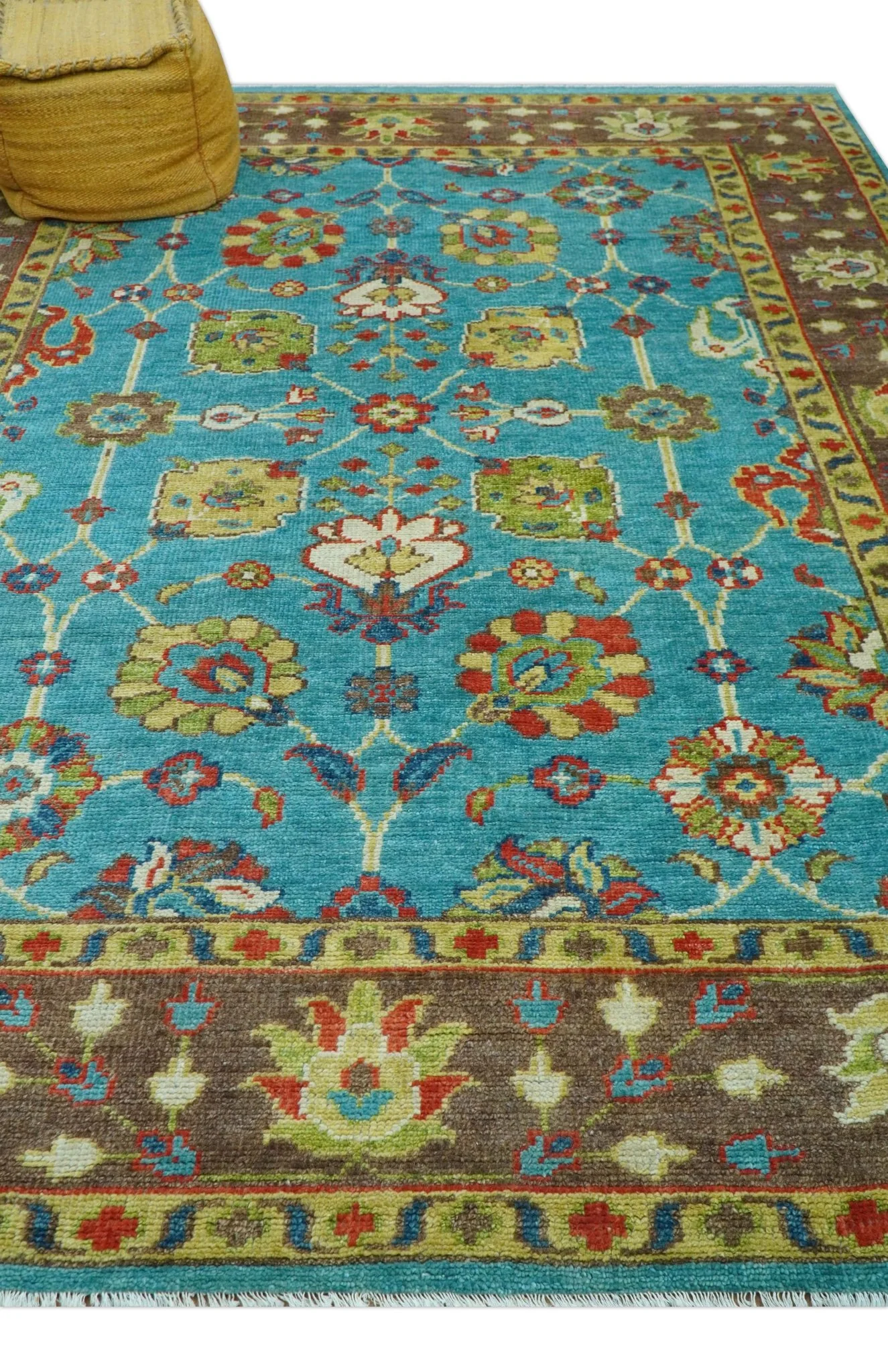 Custom Made Blue And Brown Traditional Floral Hand Knotted Wool Rug - Image 9