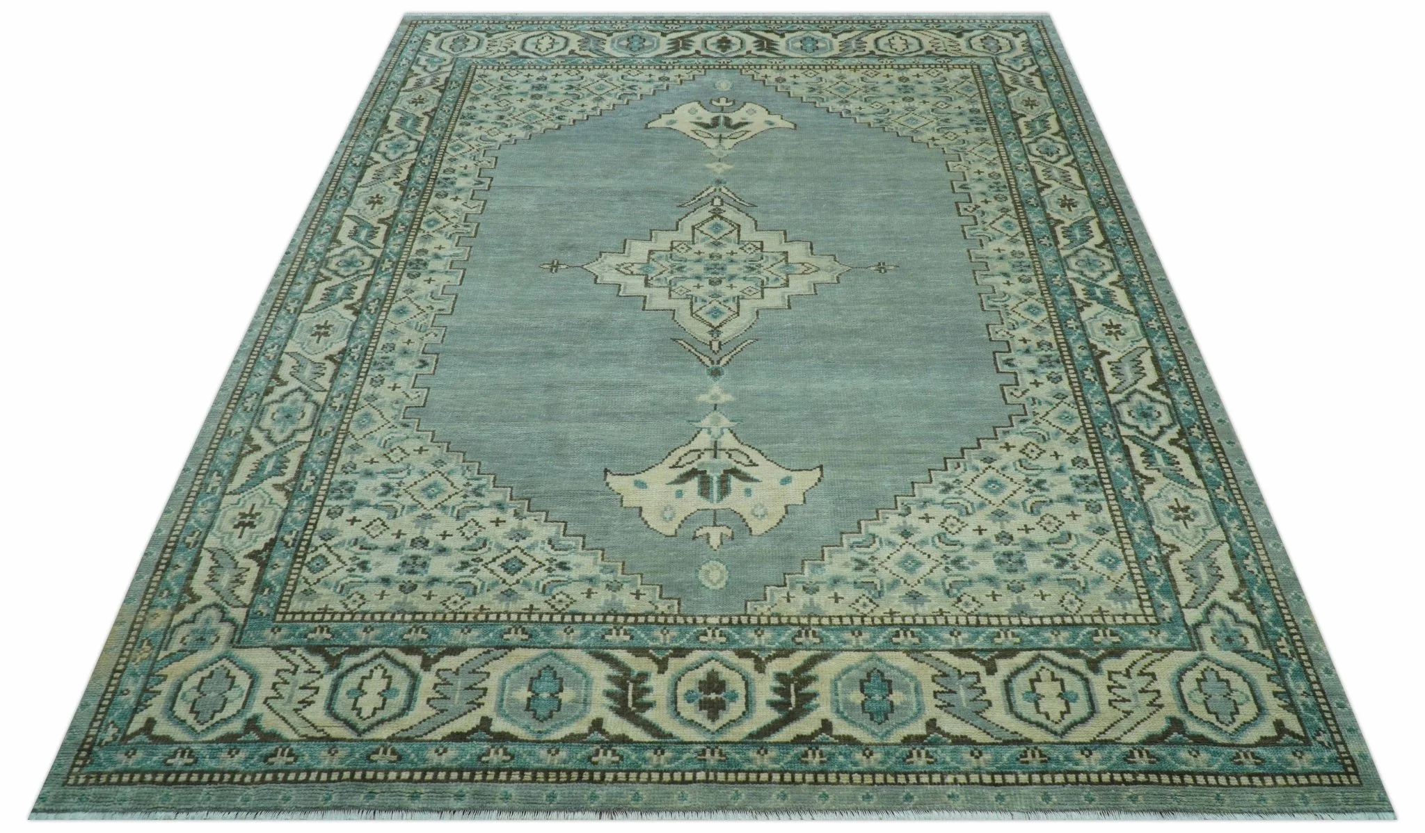 Custom Made Blue And Gray Traditional Medallion Hand Knotted Wool Rug - Image 10