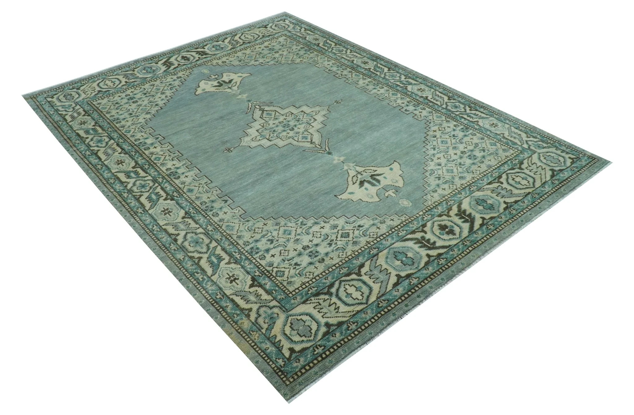Custom Made Blue And Gray Traditional Medallion Hand Knotted Wool Rug - Image 11