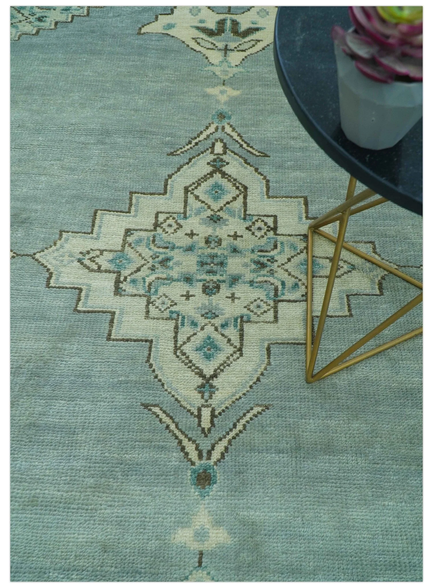Custom Made Blue And Gray Traditional Medallion Hand Knotted Wool Rug - Image 3