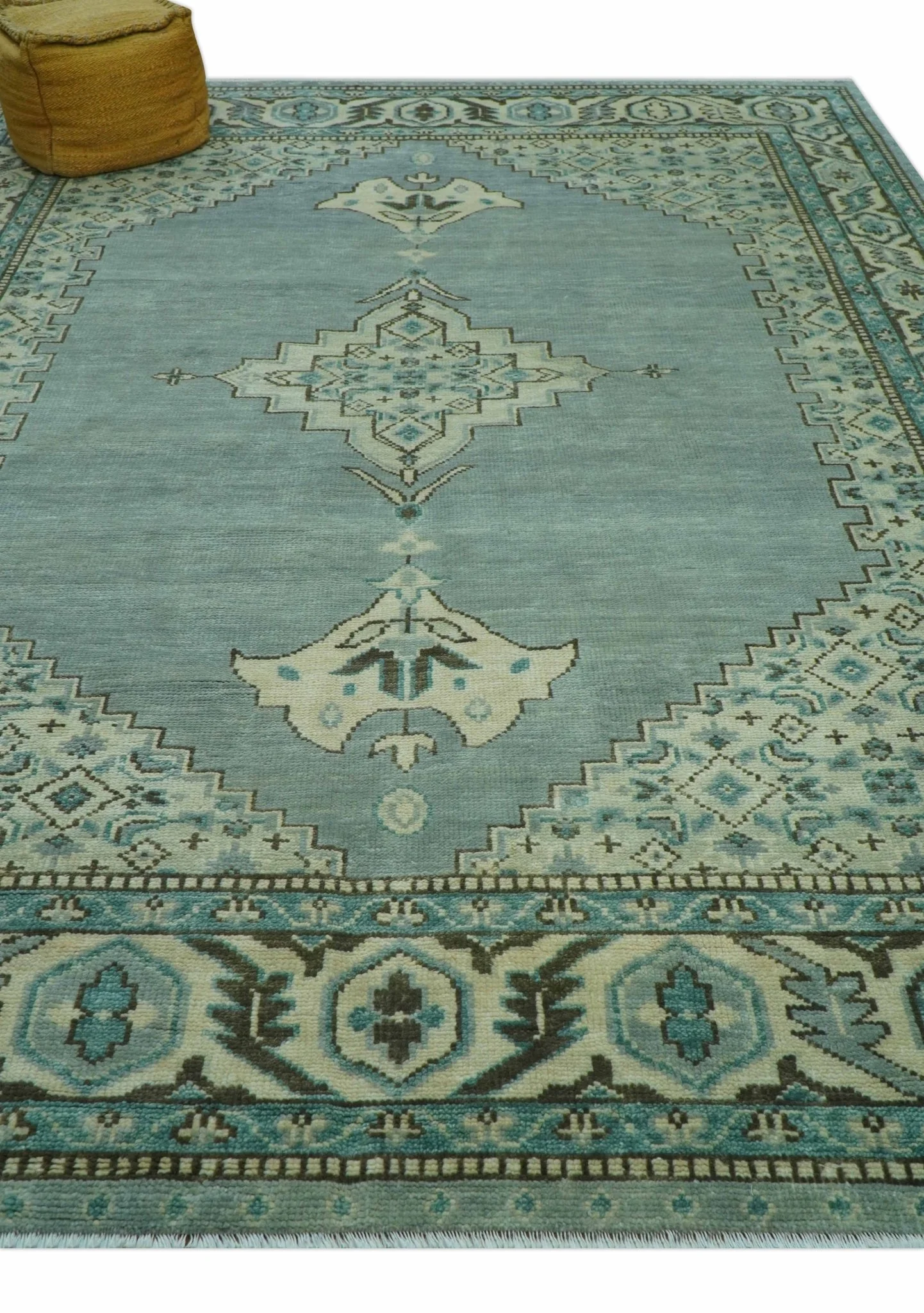 Custom Made Blue And Gray Traditional Medallion Hand Knotted Wool Rug - Image 9