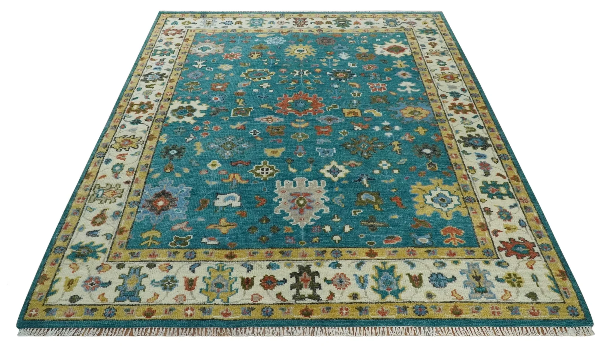 Custom Made Teal and Ivory Hand knotted Traditional Oushak wool Area Rug - Image 10