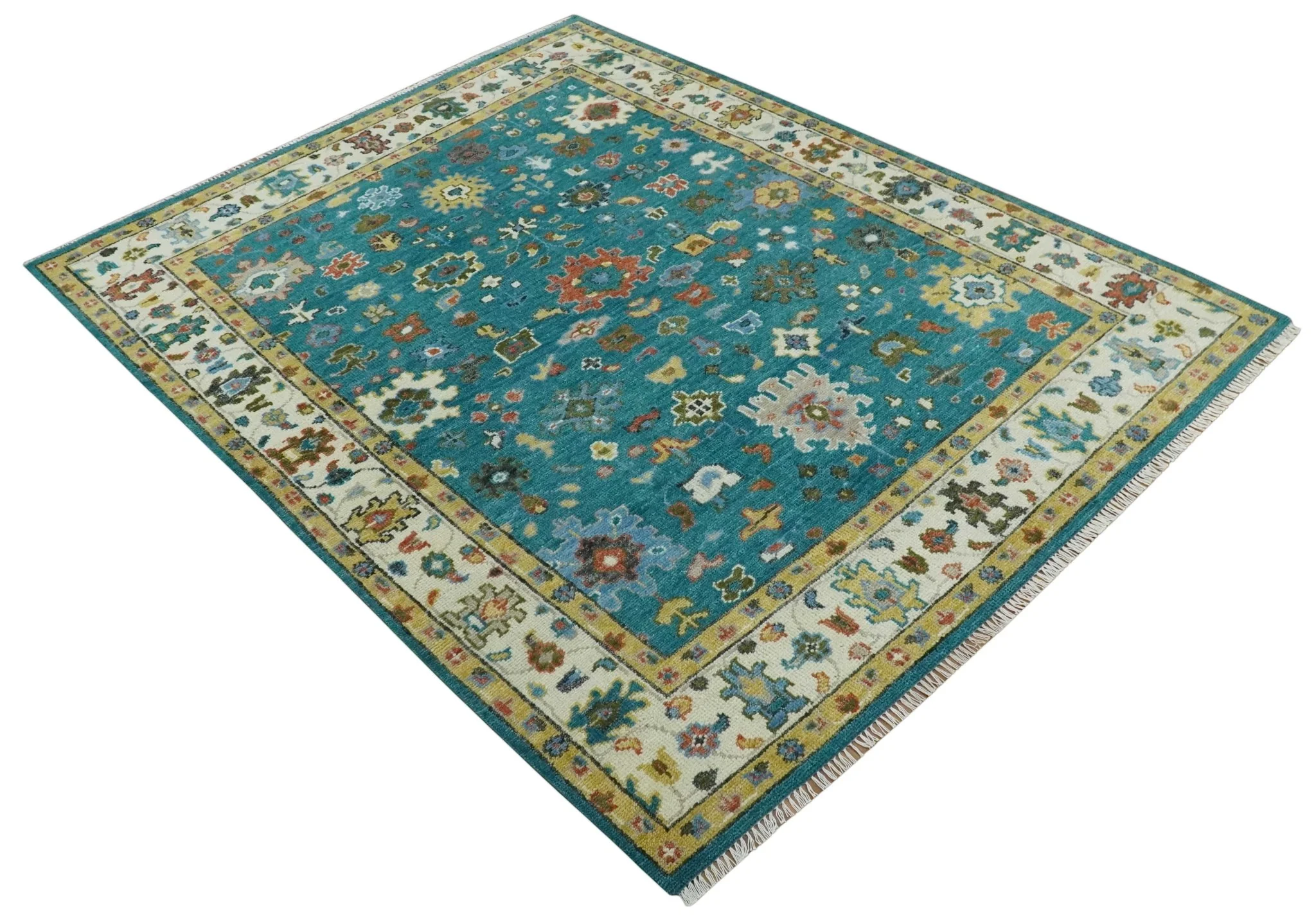 Custom Made Teal and Ivory Hand knotted Traditional Oushak wool Area Rug - Image 11