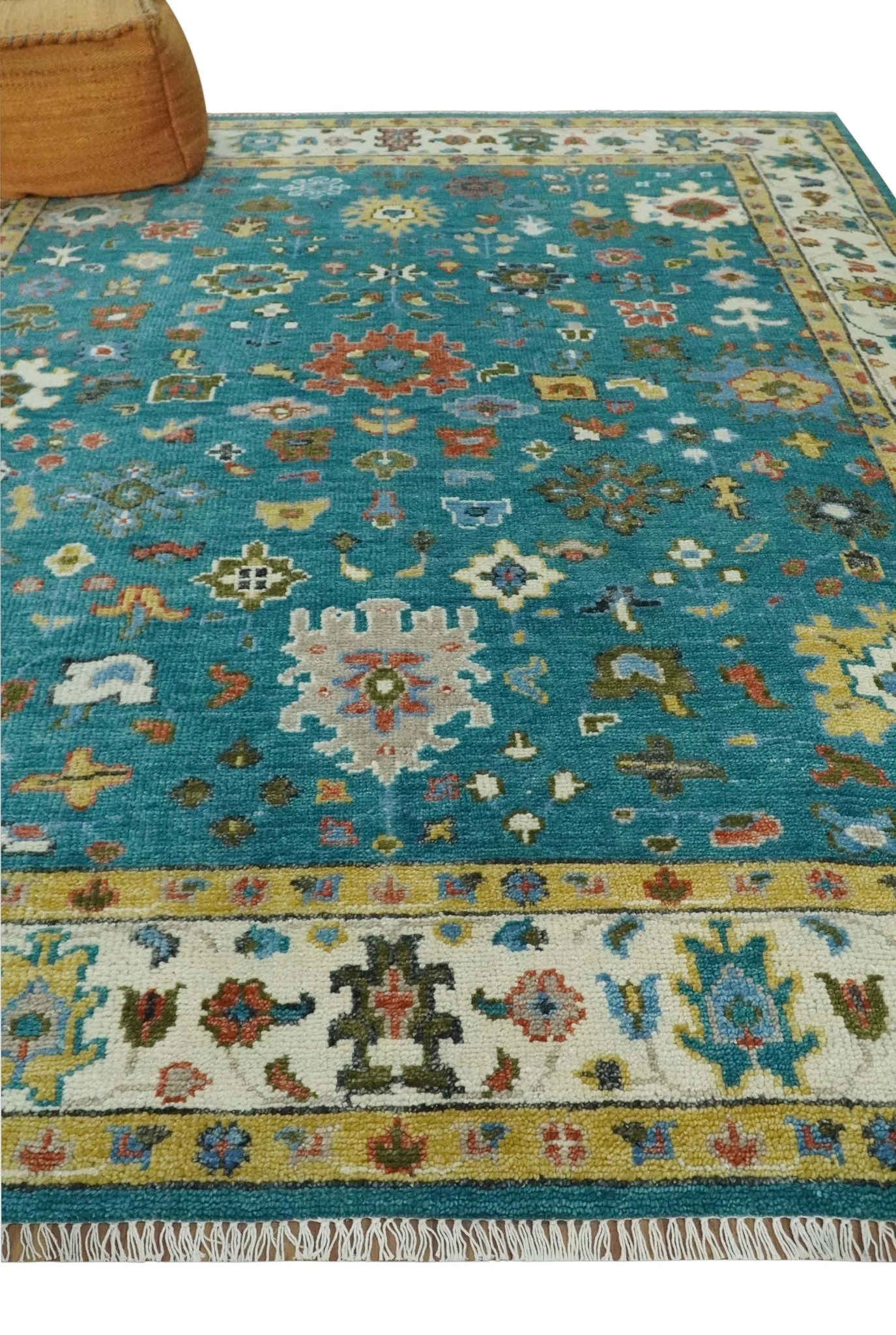 Custom Made Teal and Ivory Hand knotted Traditional Oushak wool Area Rug - Image 4