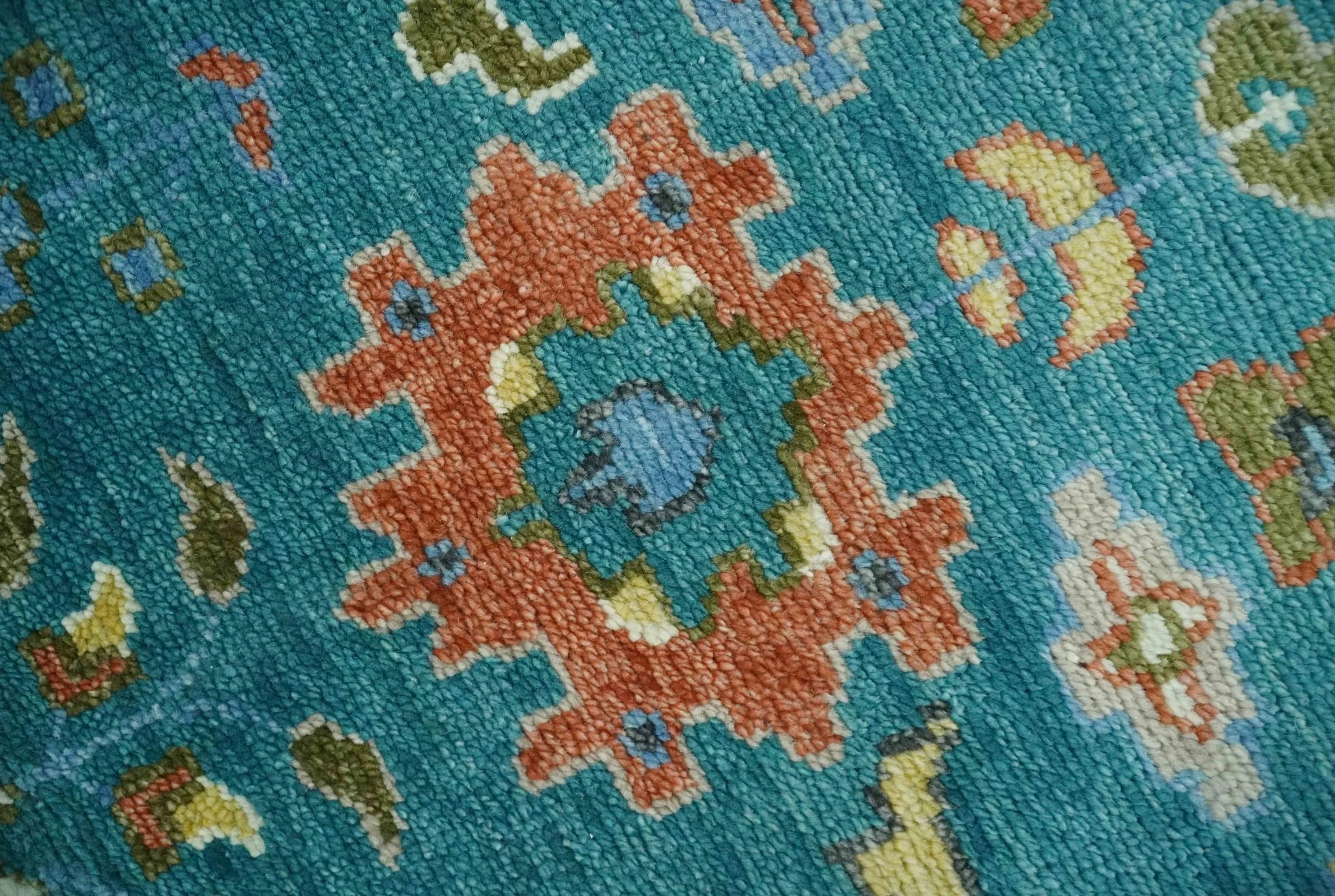 Custom Made Teal and Ivory Hand knotted Traditional Oushak wool Area Rug - Image 5