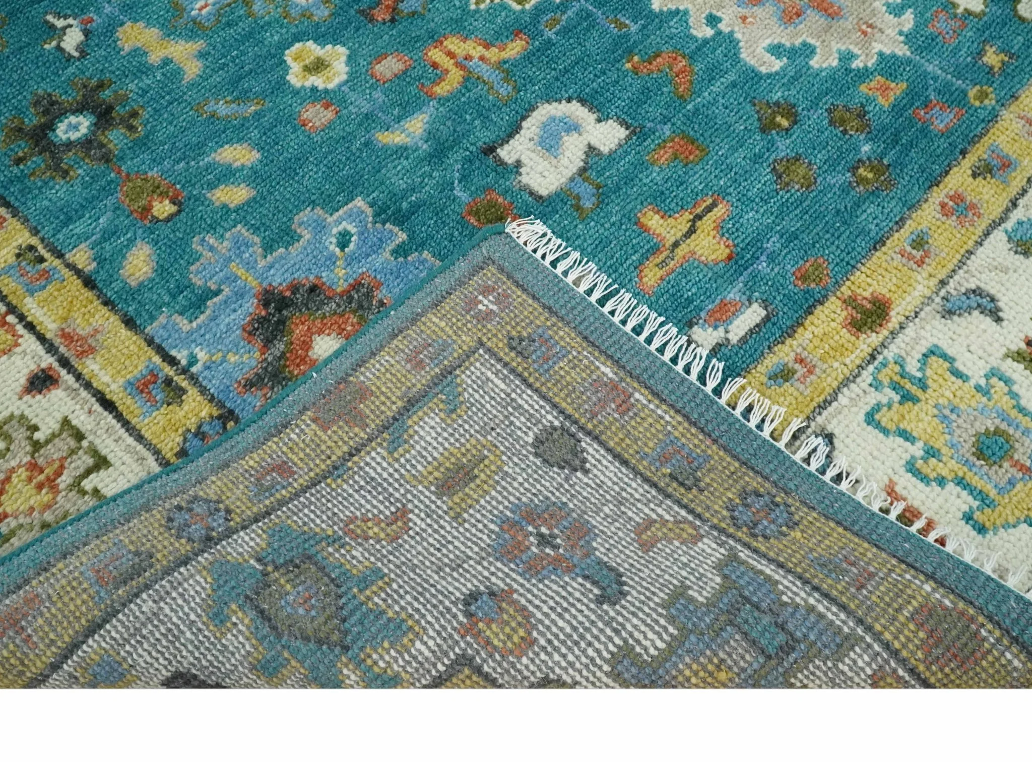 Custom Made Teal and Ivory Hand knotted Traditional Oushak wool Area Rug - Image 8