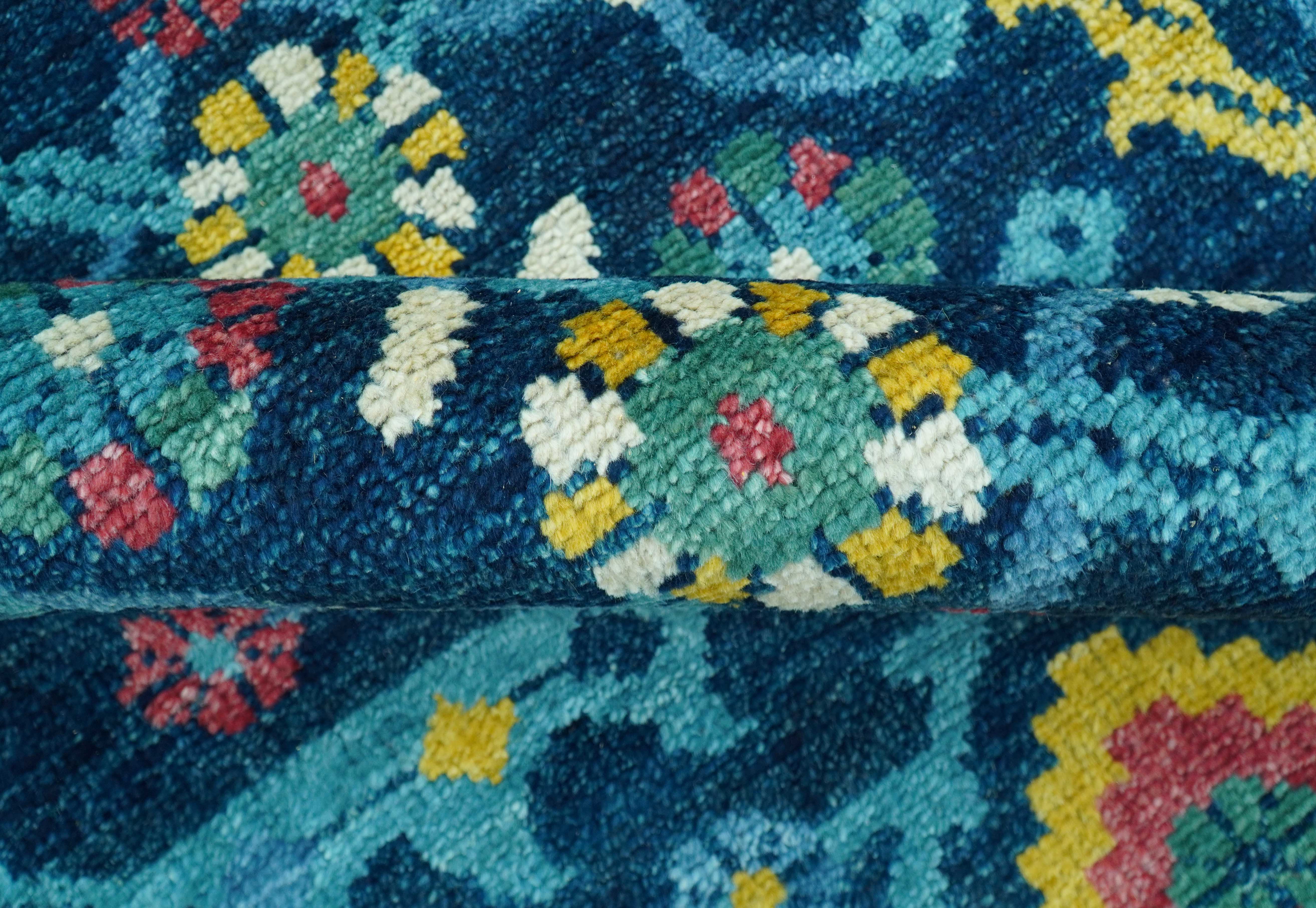 Custom Made Blue And Mustard Traditional Floral Motifs Hand Knotted Wool Rug - Image 10