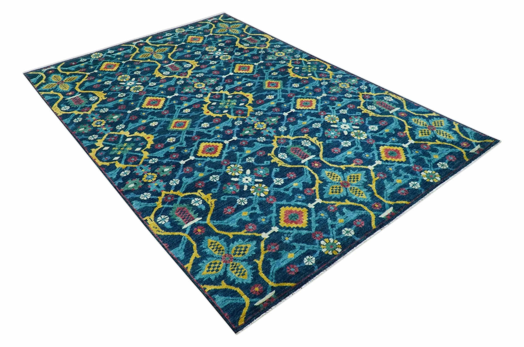 Custom Made Blue And Mustard Traditional Floral Motifs Hand Knotted Wool Rug - Image 11