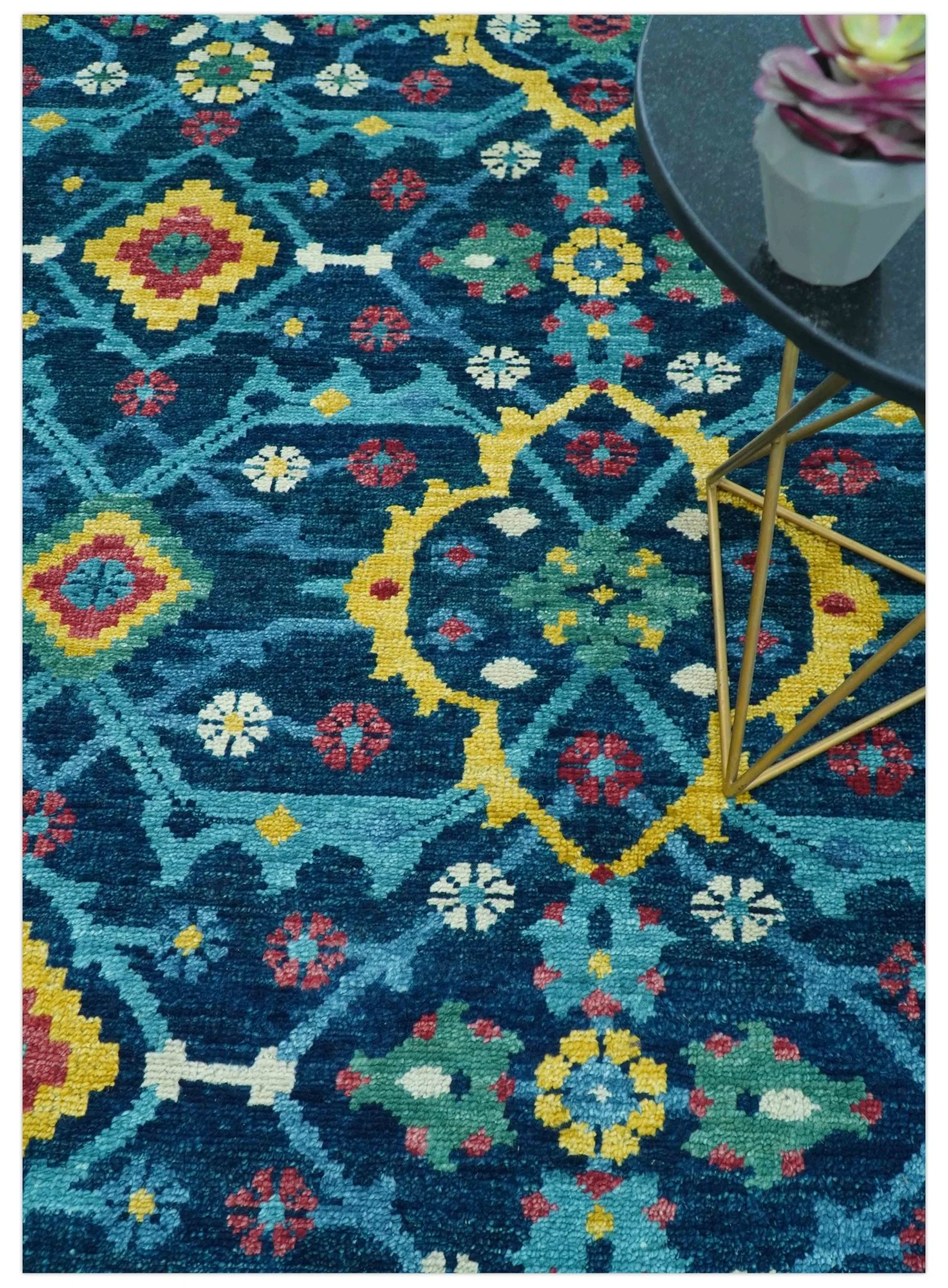 Custom Made Blue And Mustard Traditional Floral Motifs Hand Knotted Wool Rug - Image 3