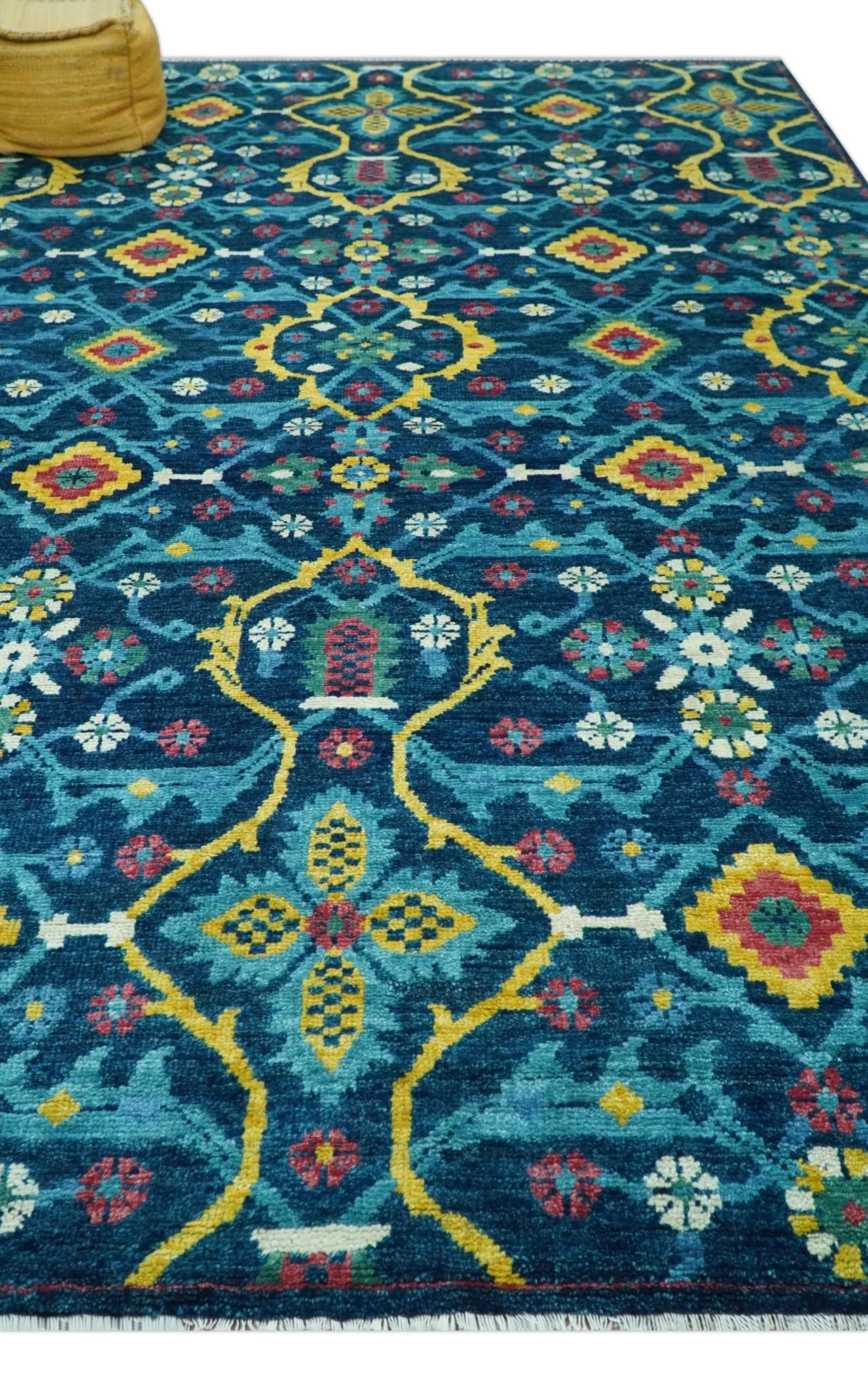 Custom Made Blue And Mustard Traditional Floral Motifs Hand Knotted Wool Rug - Image 4
