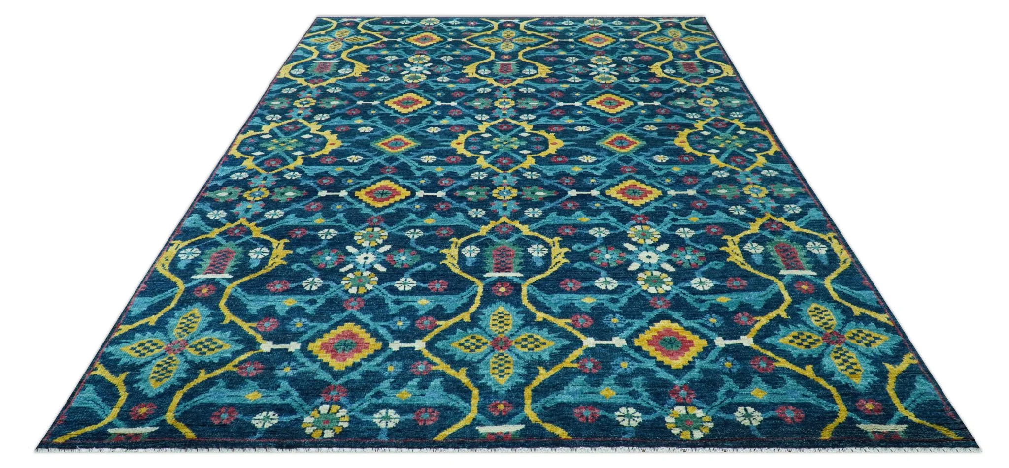 Custom Made Blue And Mustard Traditional Floral Motifs Hand Knotted Wool Rug - Image 5