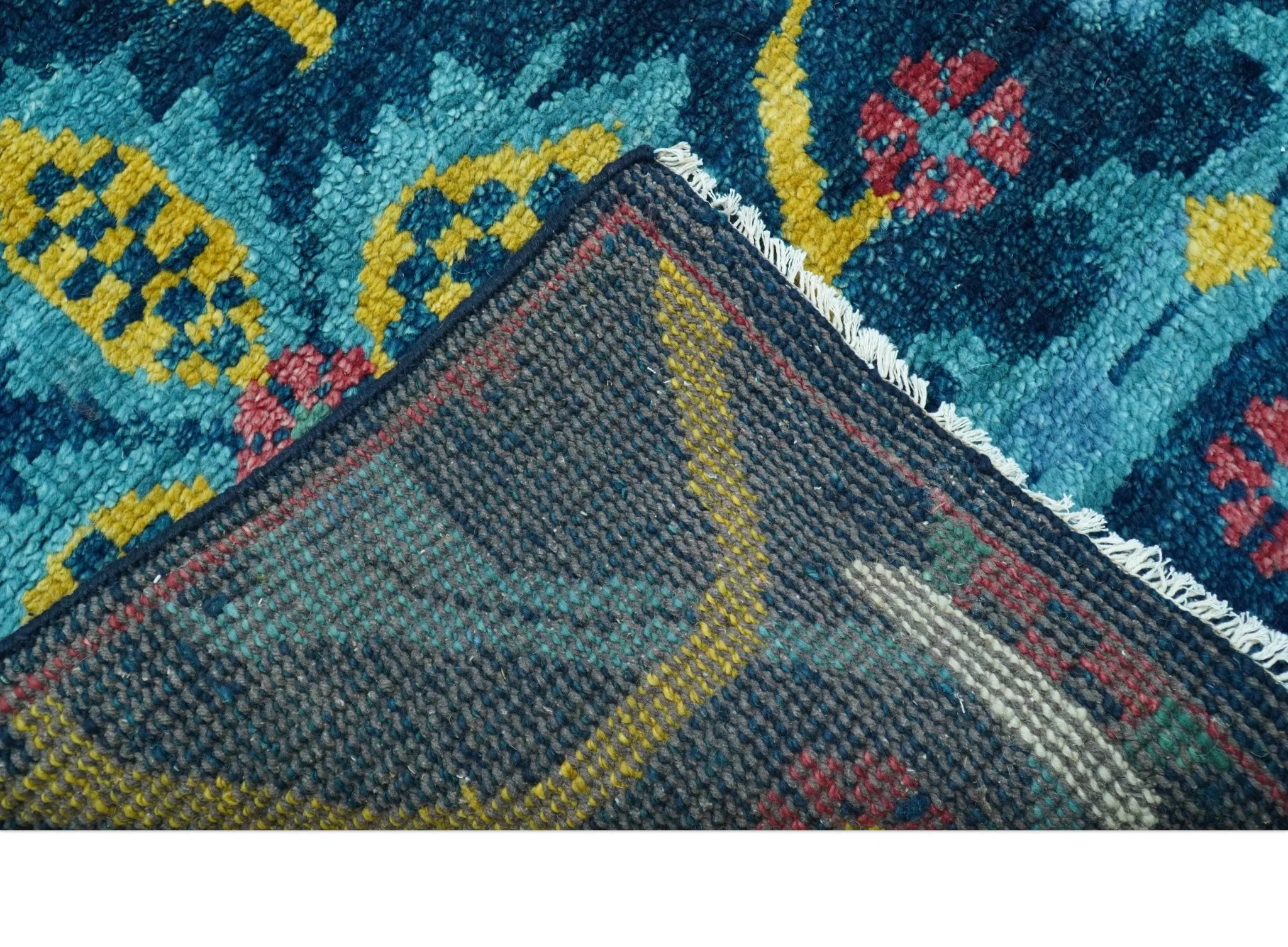 Custom Made Blue And Mustard Traditional Floral Motifs Hand Knotted Wool Rug - Image 6