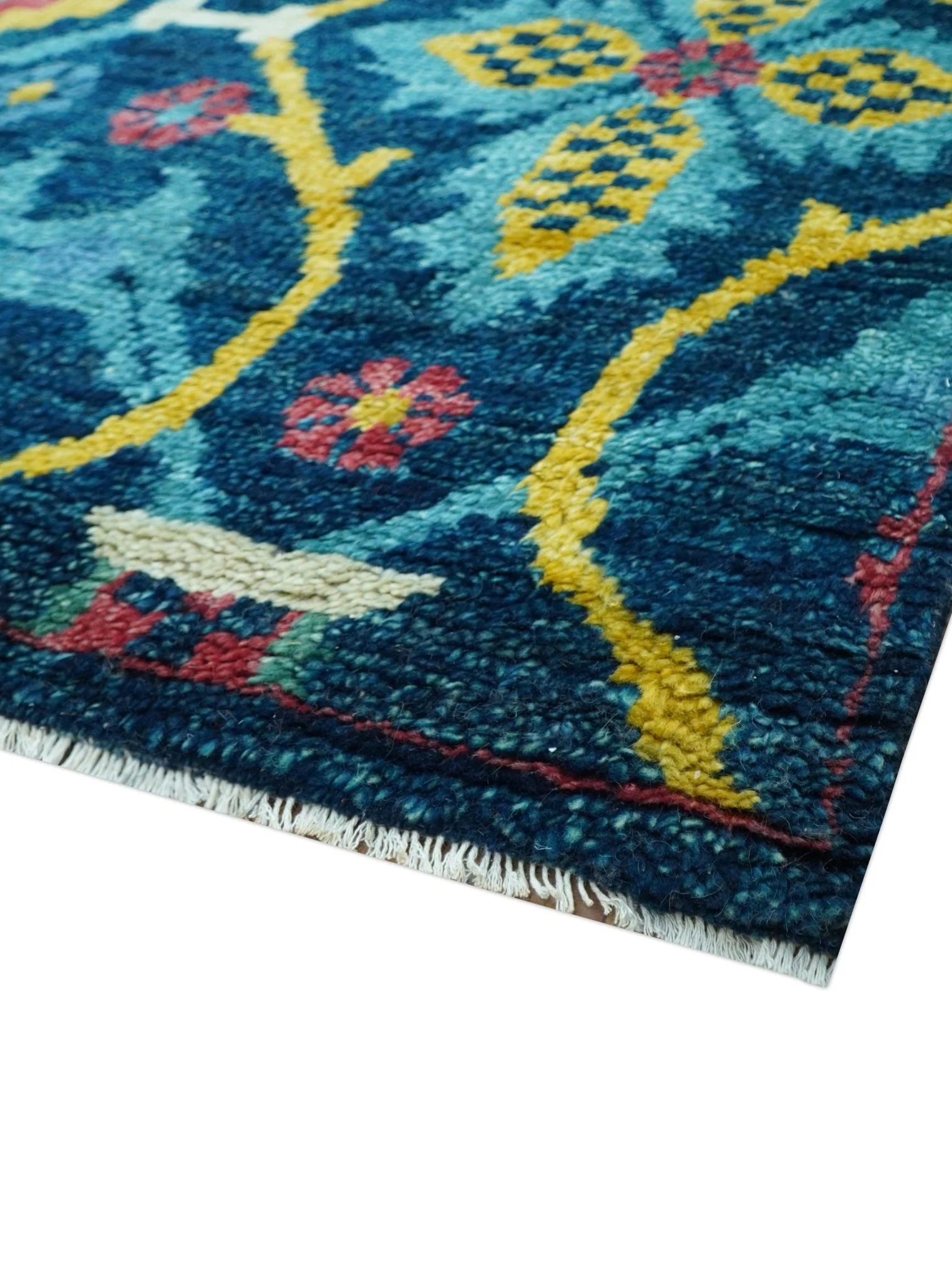 Custom Made Blue And Mustard Traditional Floral Motifs Hand Knotted Wool Rug - Image 7