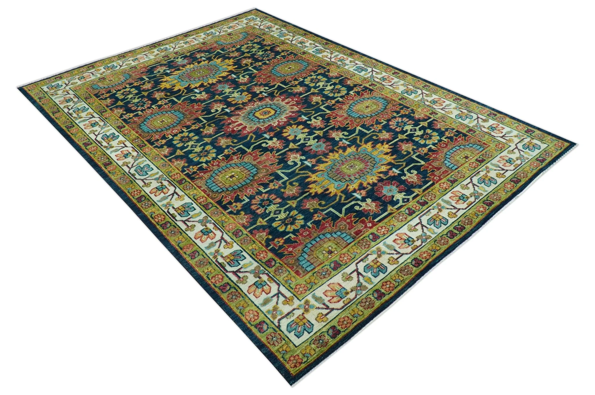 Custom Made Blue And Olive Traditional Medallion Hand Knotted Wool Rug - Image 11