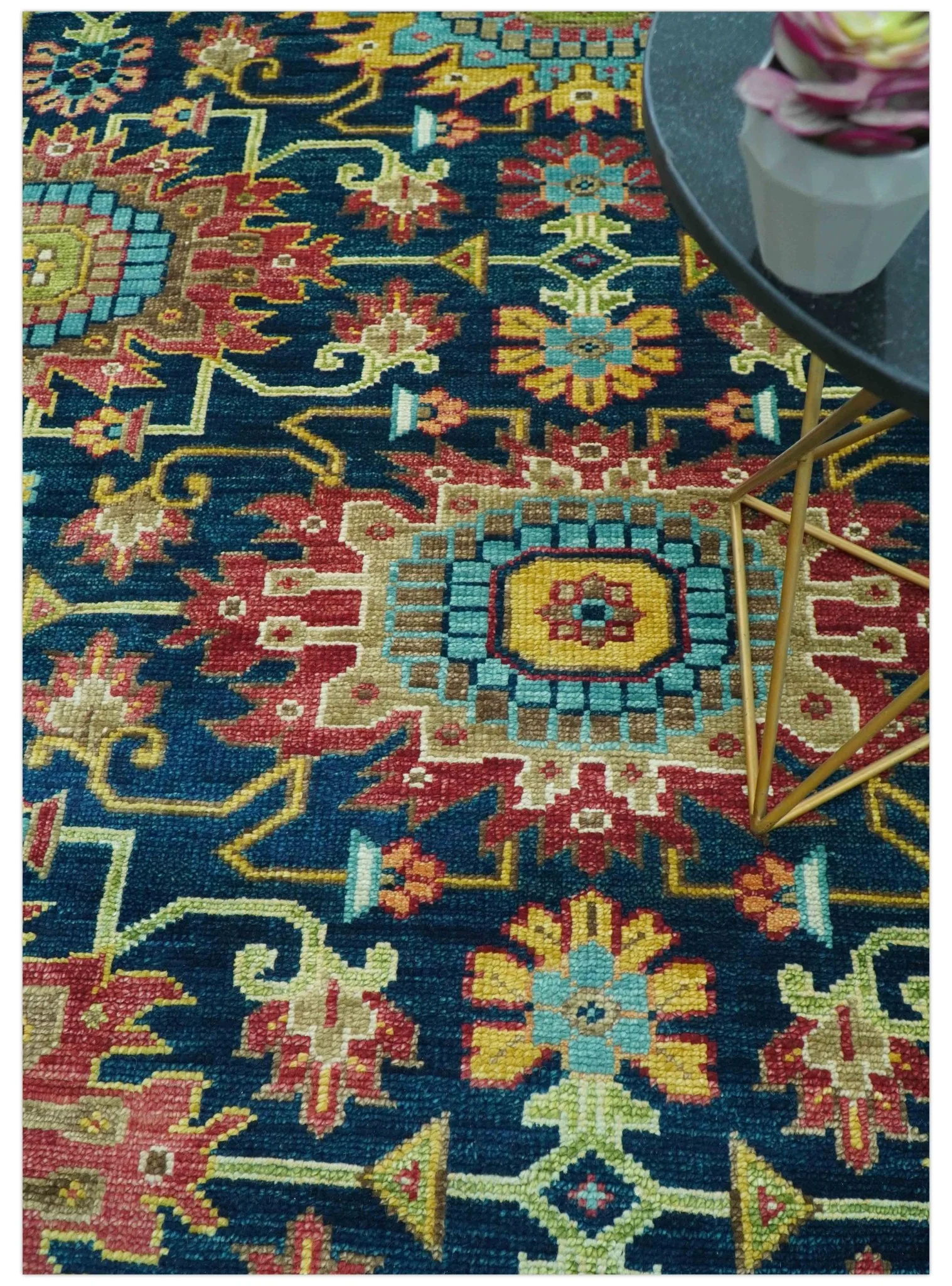 Custom Made Blue And Olive Traditional Medallion Hand Knotted Wool Rug - Image 3