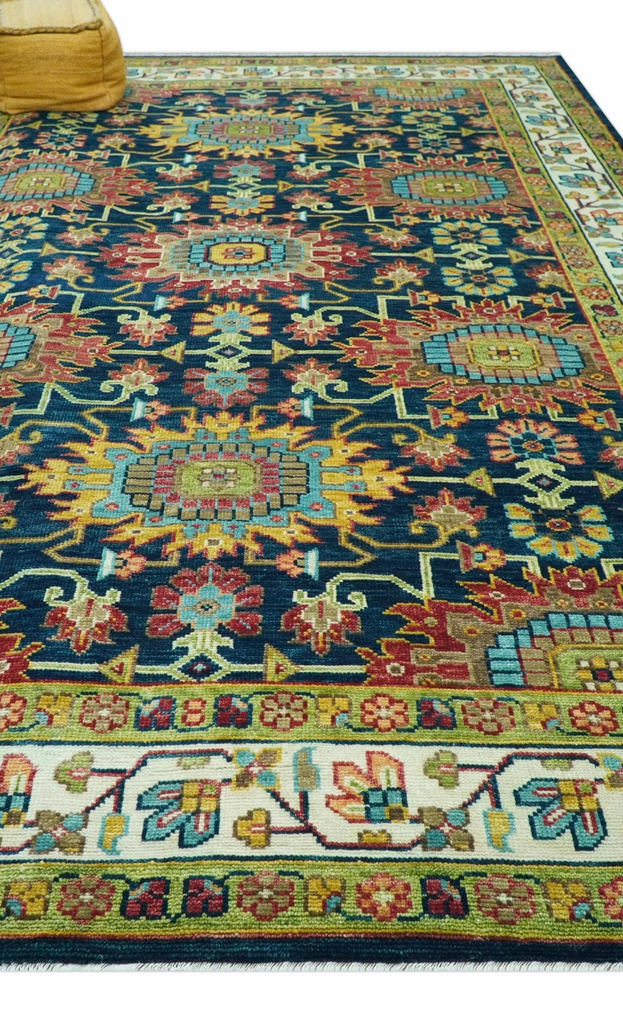 Custom Made Blue And Olive Traditional Medallion Hand Knotted Wool Rug - Image 4