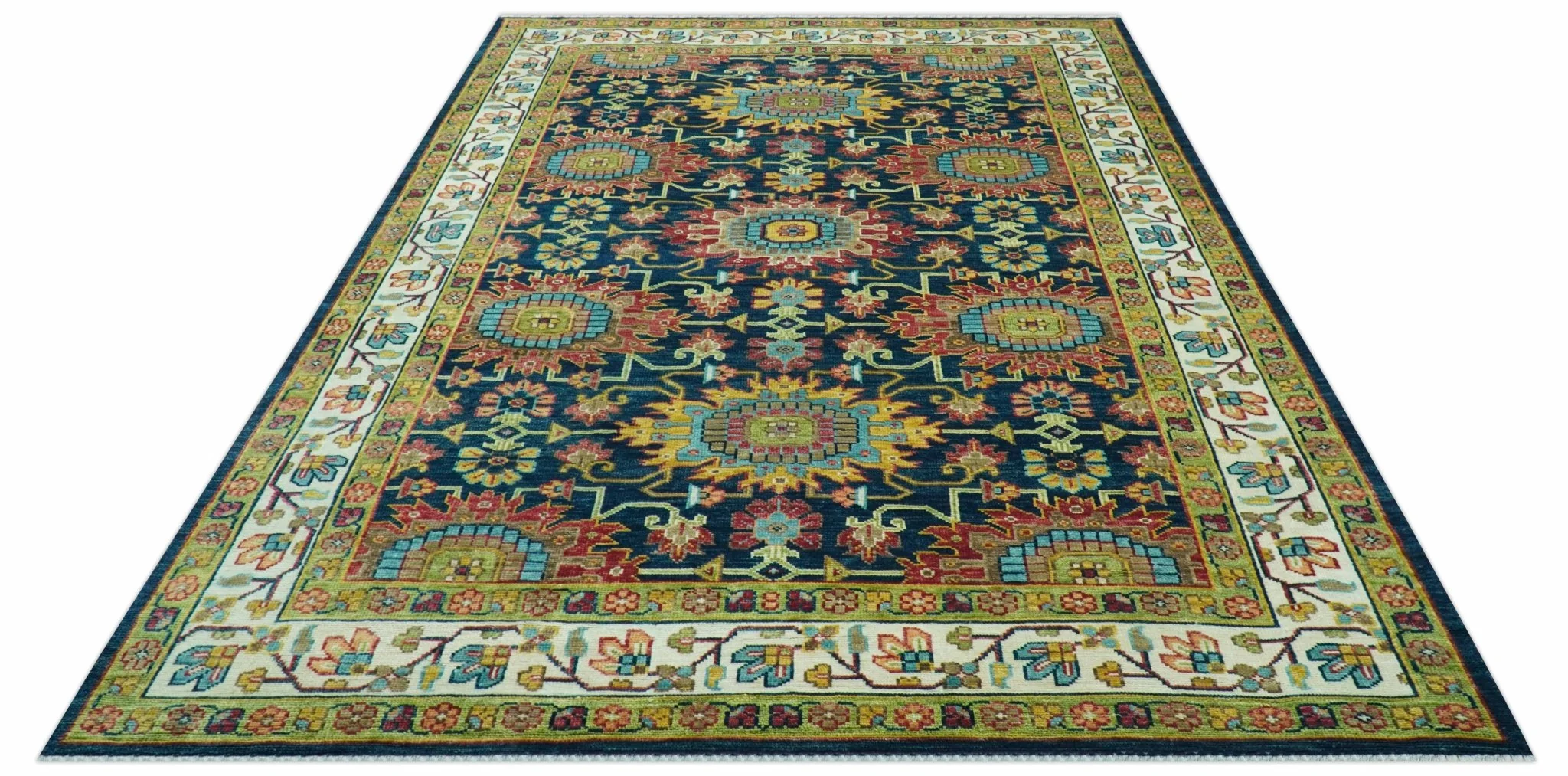Custom Made Blue And Olive Traditional Medallion Hand Knotted Wool Rug - Image 5