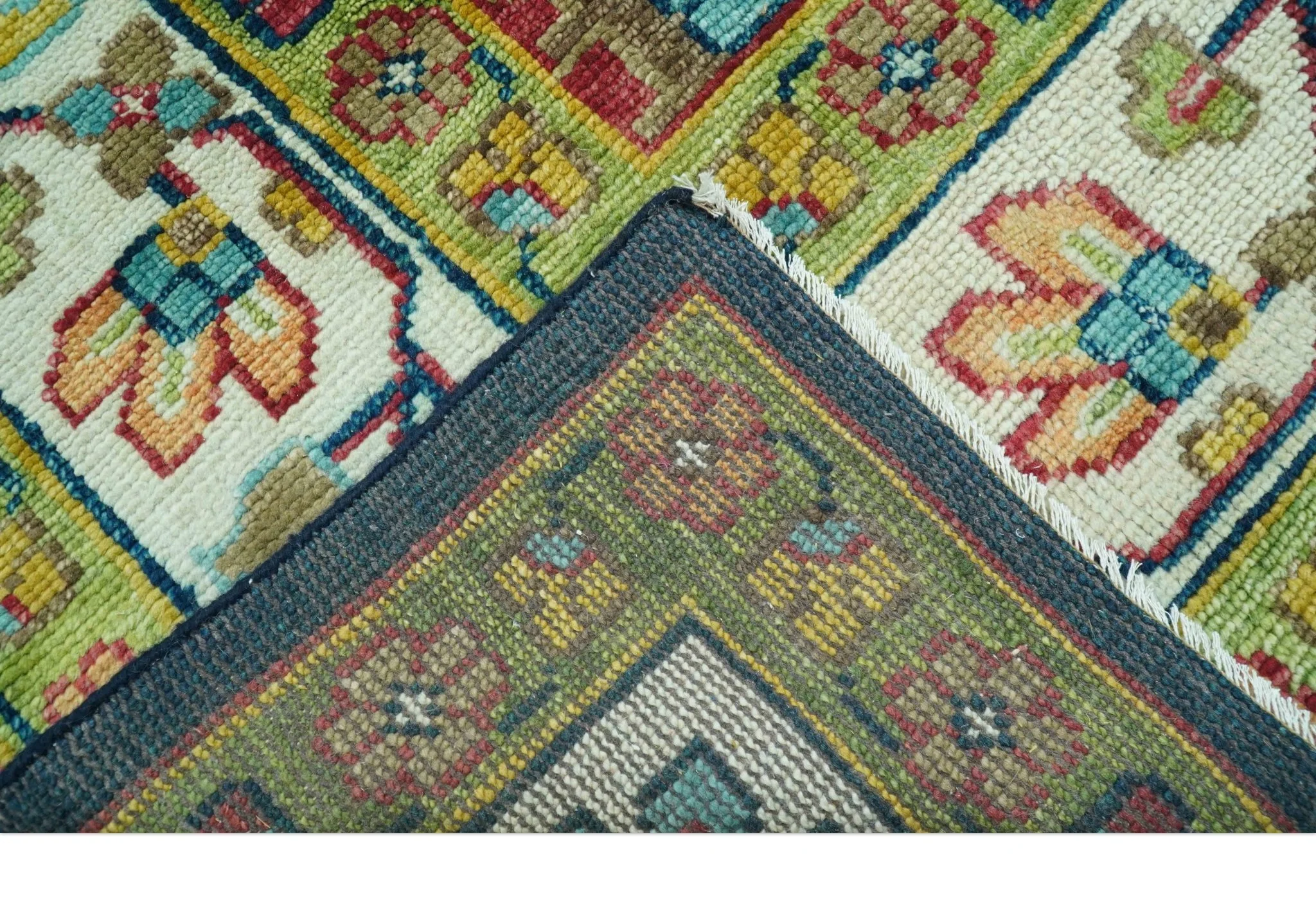 Custom Made Blue And Olive Traditional Medallion Hand Knotted Wool Rug - Image 6