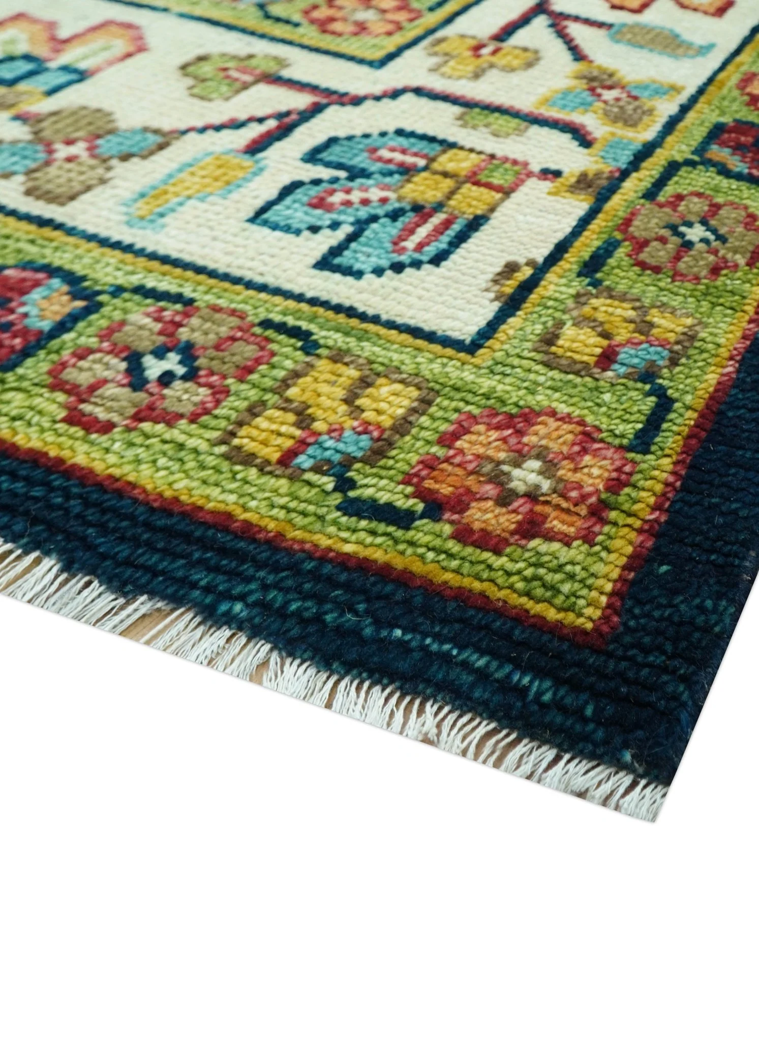 Custom Made Blue And Olive Traditional Medallion Hand Knotted Wool Rug - Image 7