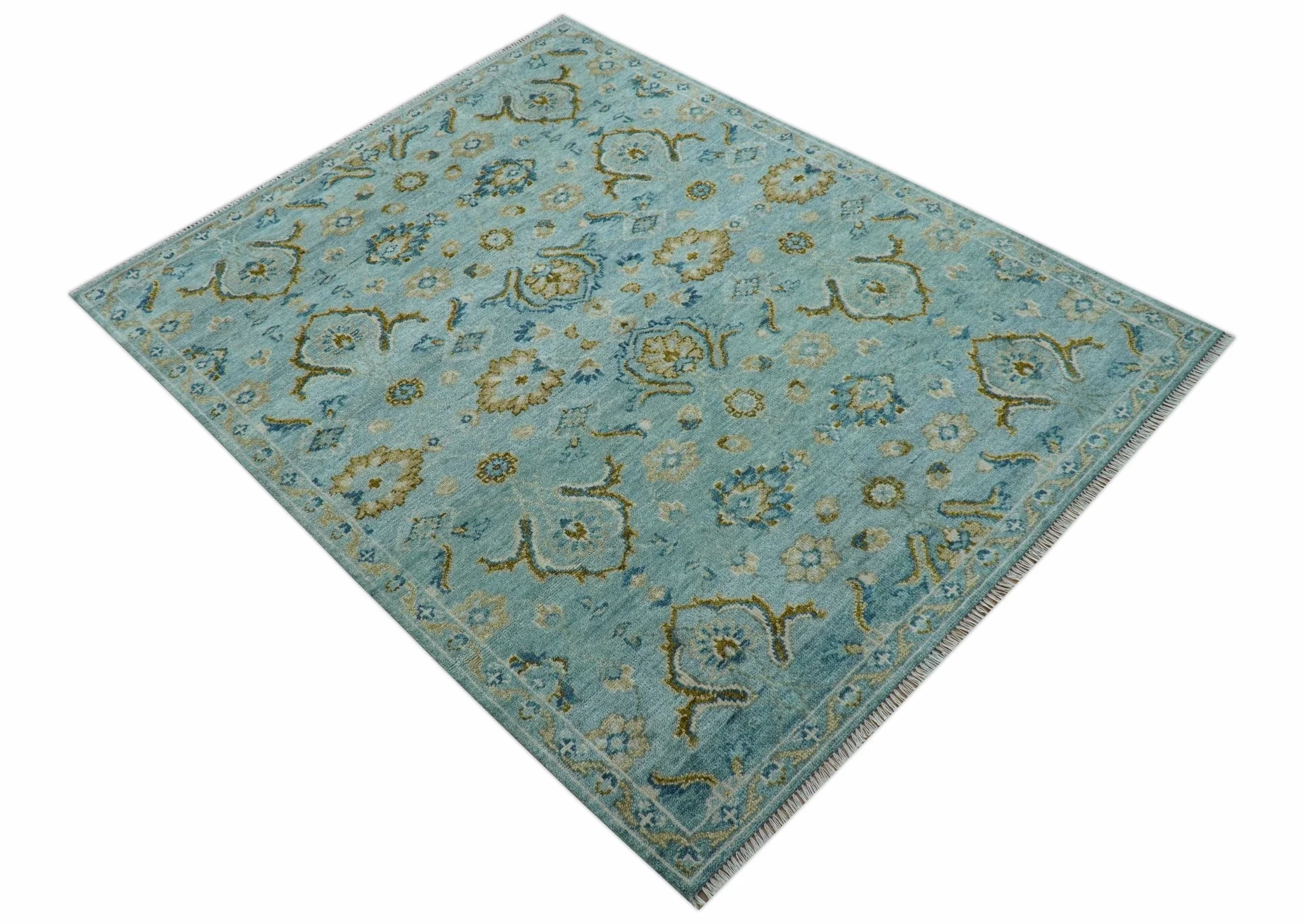 Custom Made Blue And Olive Traditional Oriental Design Hand knotted Wool Area Rug - Image 11
