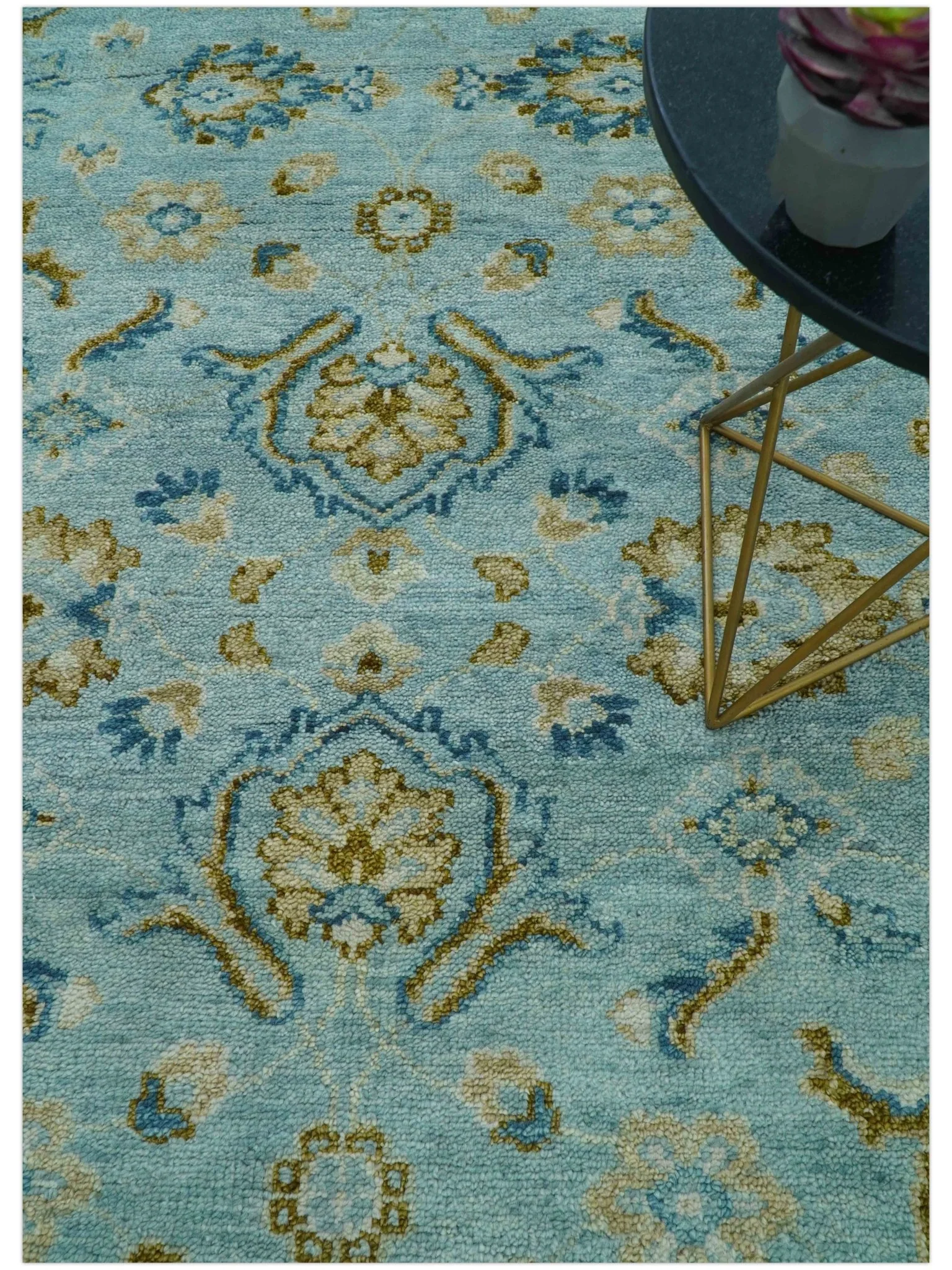 Custom Made Blue And Olive Traditional Oriental Design Hand knotted Wool Area Rug - Image 3