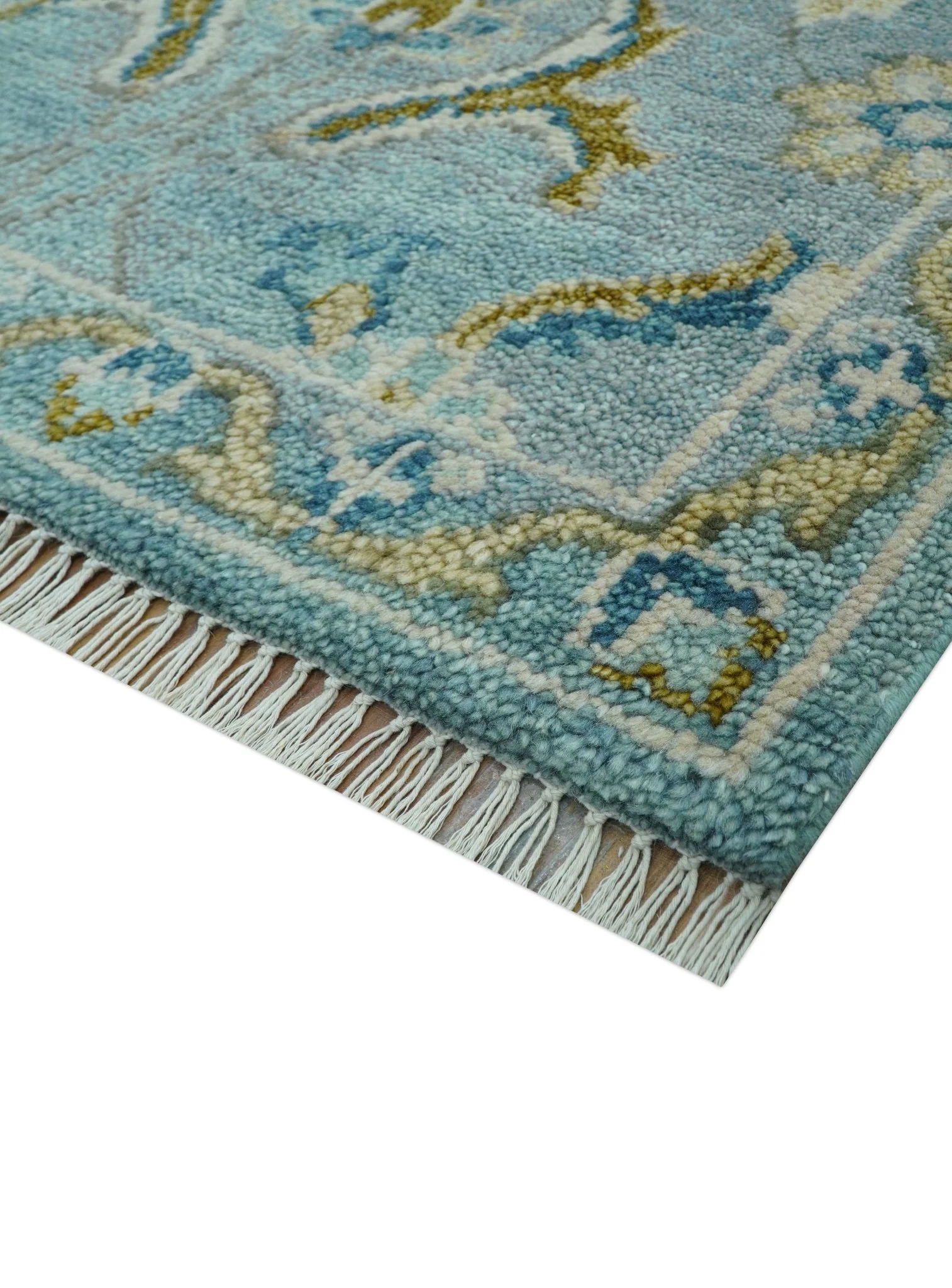 Custom Made Blue And Olive Traditional Oriental Design Hand knotted Wool Area Rug - Image 5
