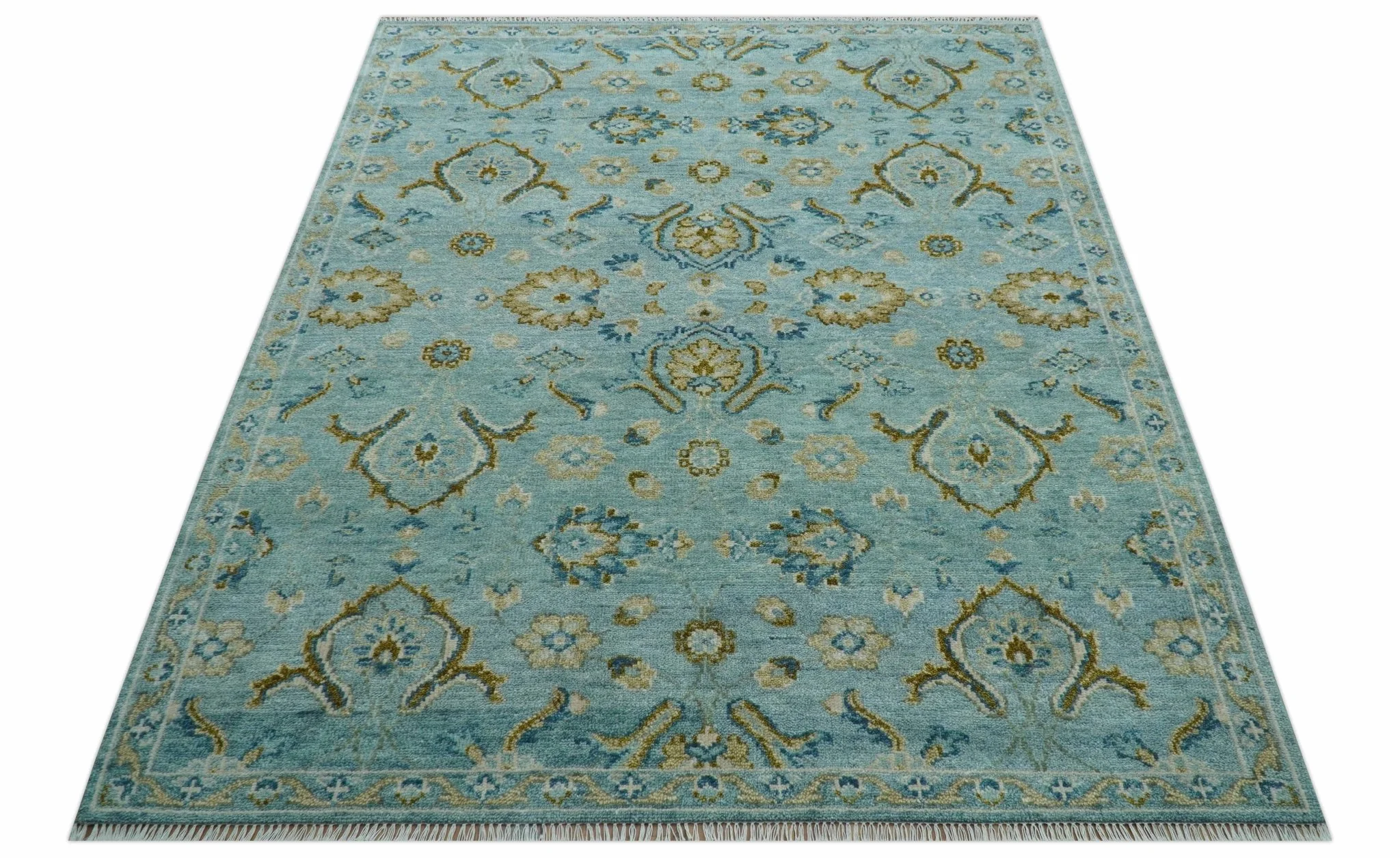 Custom Made Blue And Olive Traditional Oriental Design Hand knotted Wool Area Rug - Image 8