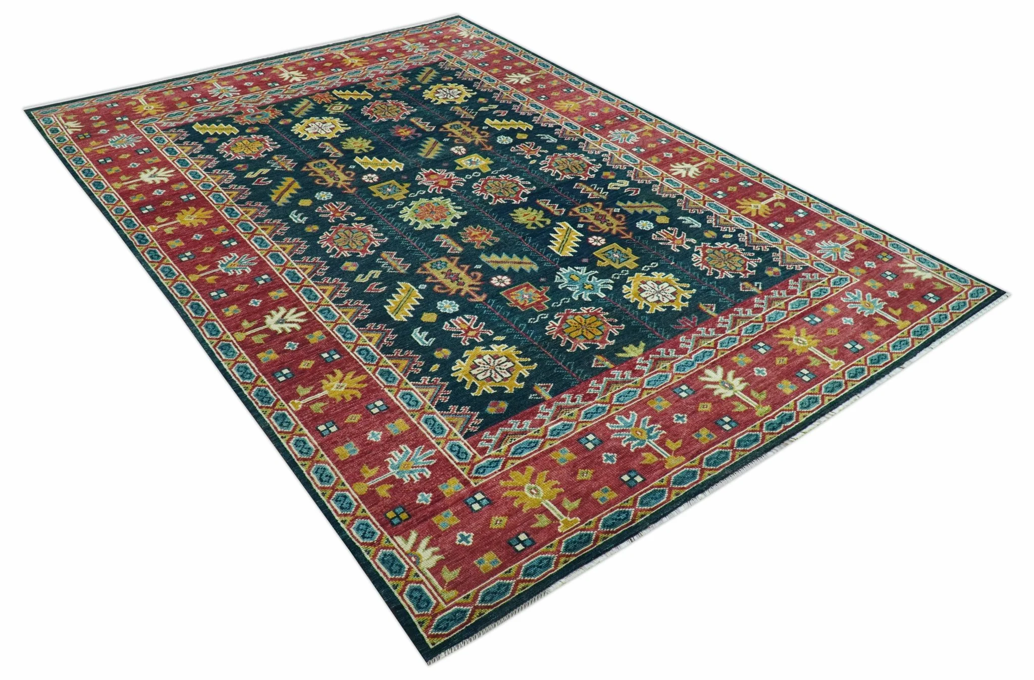 Custom Made Blue And Red Traditional Tribal Design Hand Knotted Wool Rug - Image 10