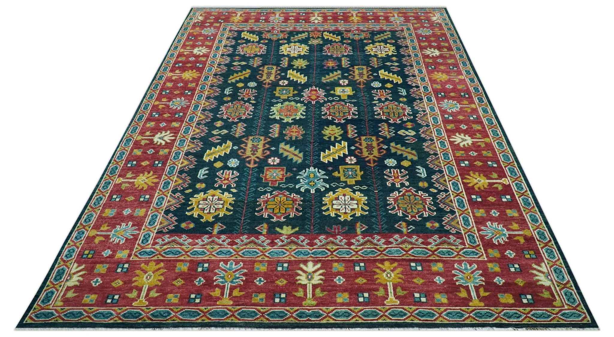 Custom Made Blue And Red Traditional Tribal Design Hand Knotted Wool Rug - Image 11