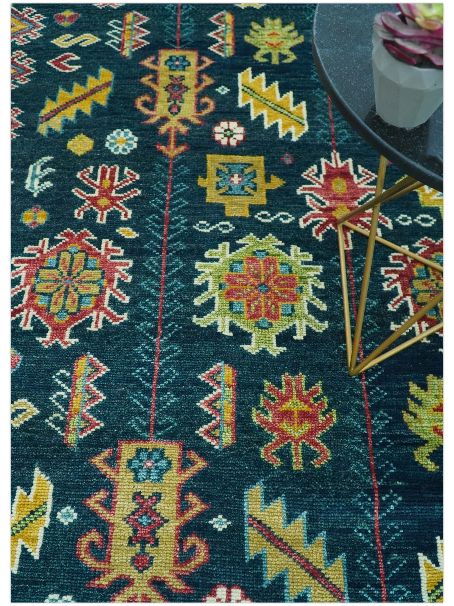 Custom Made Blue And Red Traditional Tribal Design Hand Knotted Wool Rug - Image 3