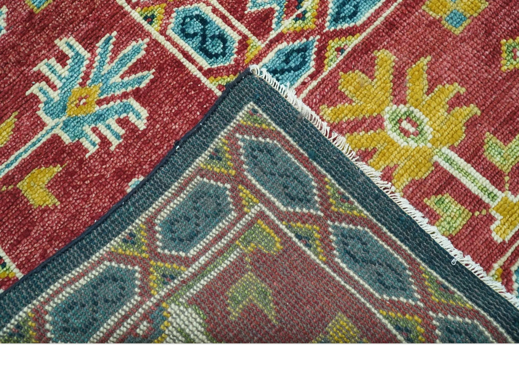 Custom Made Blue And Red Traditional Tribal Design Hand Knotted Wool Rug - Image 4
