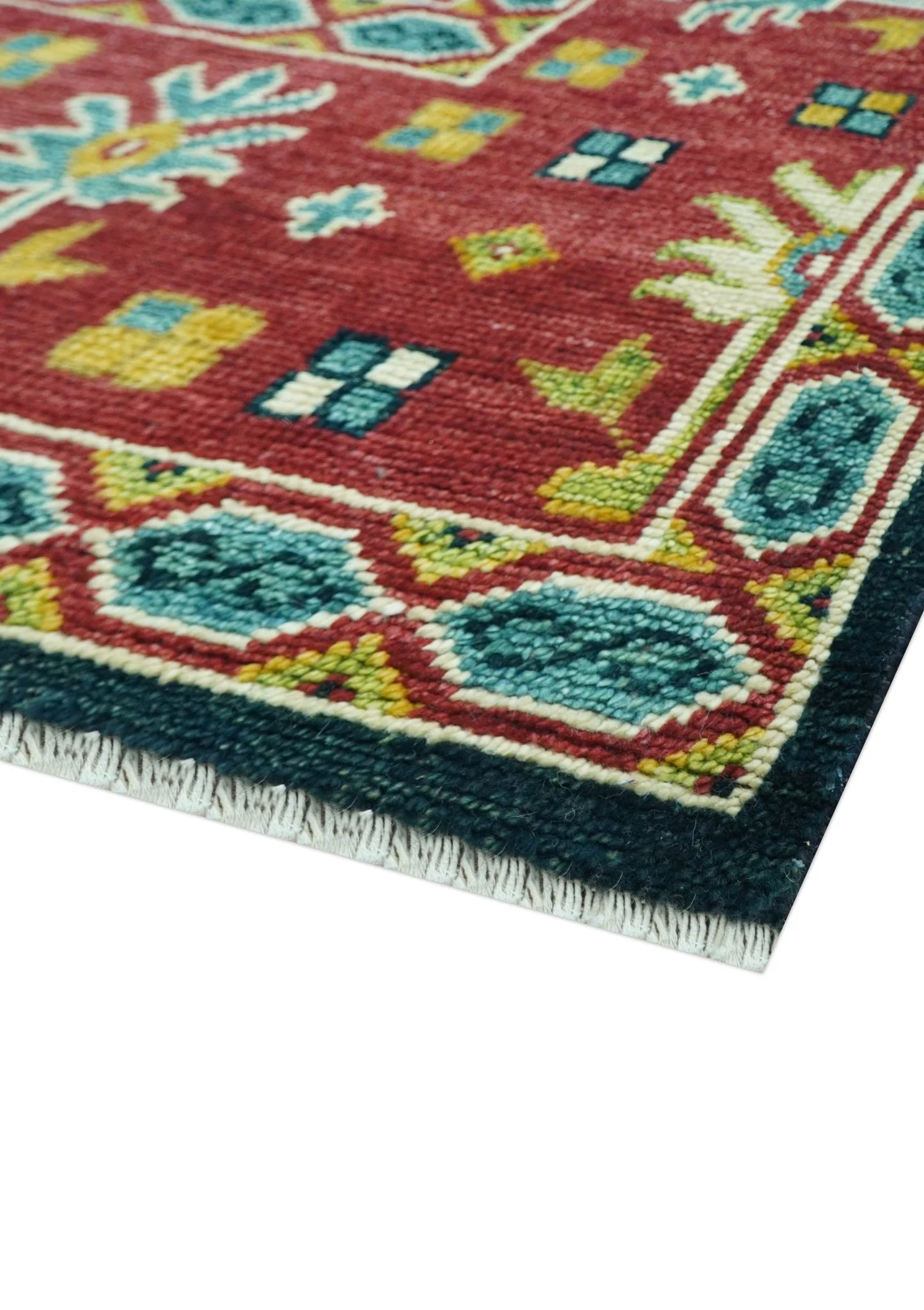 Custom Made Blue And Red Traditional Tribal Design Hand Knotted Wool Rug - Image 5