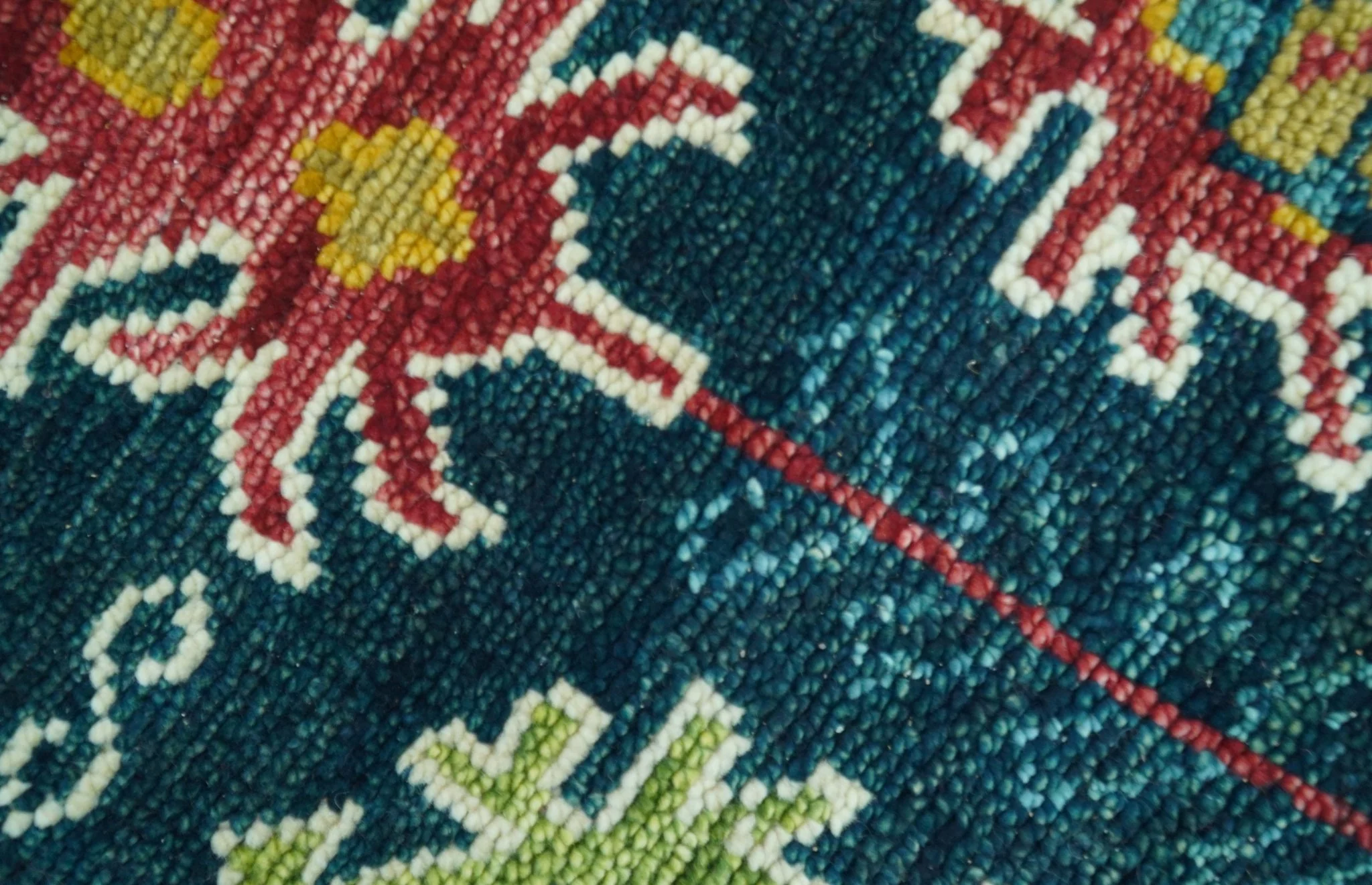 Custom Made Blue And Red Traditional Tribal Design Hand Knotted Wool Rug - Image 7